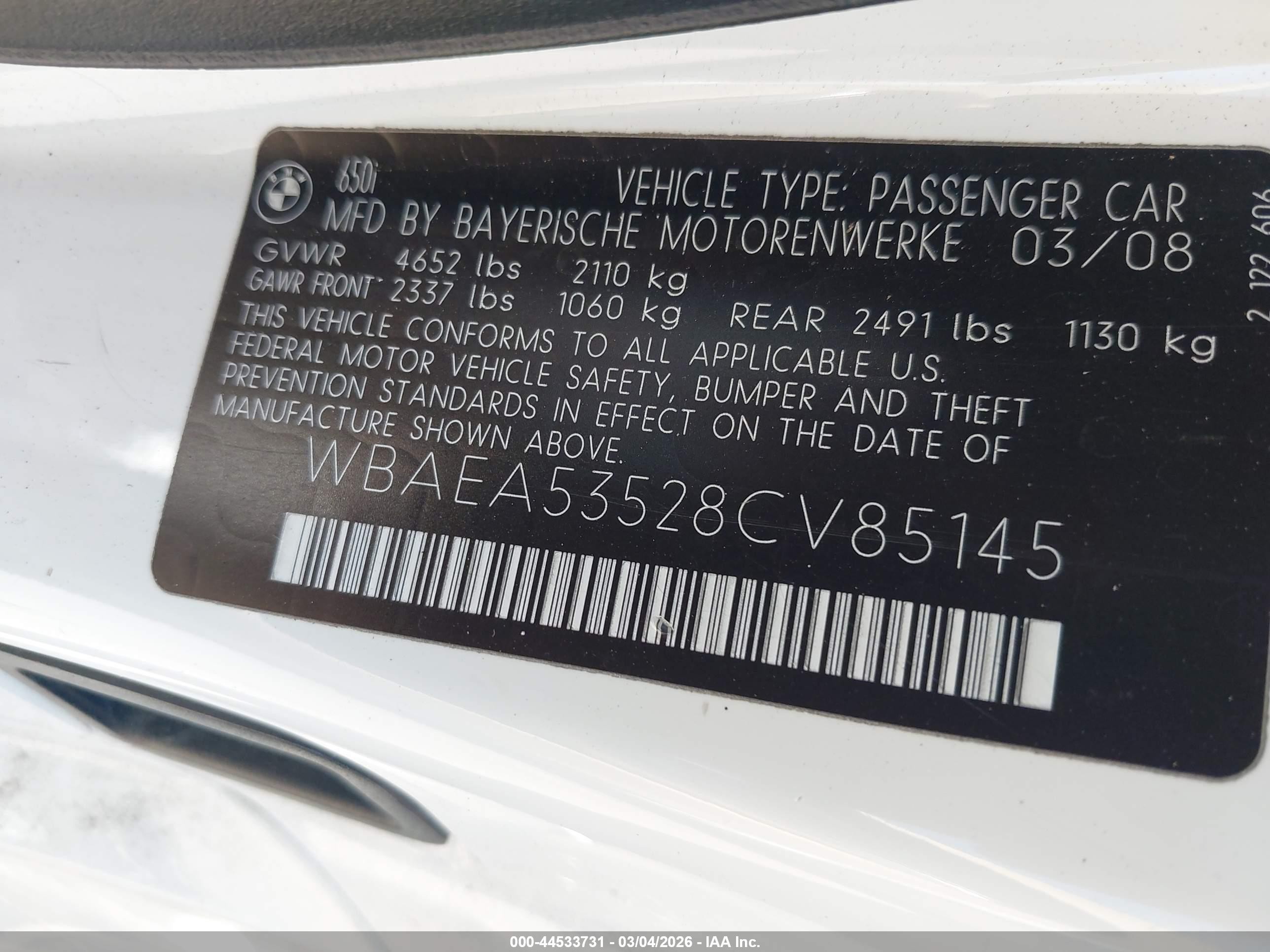 2008 Bmw 650i   White vin: WBAEA53528CV85145