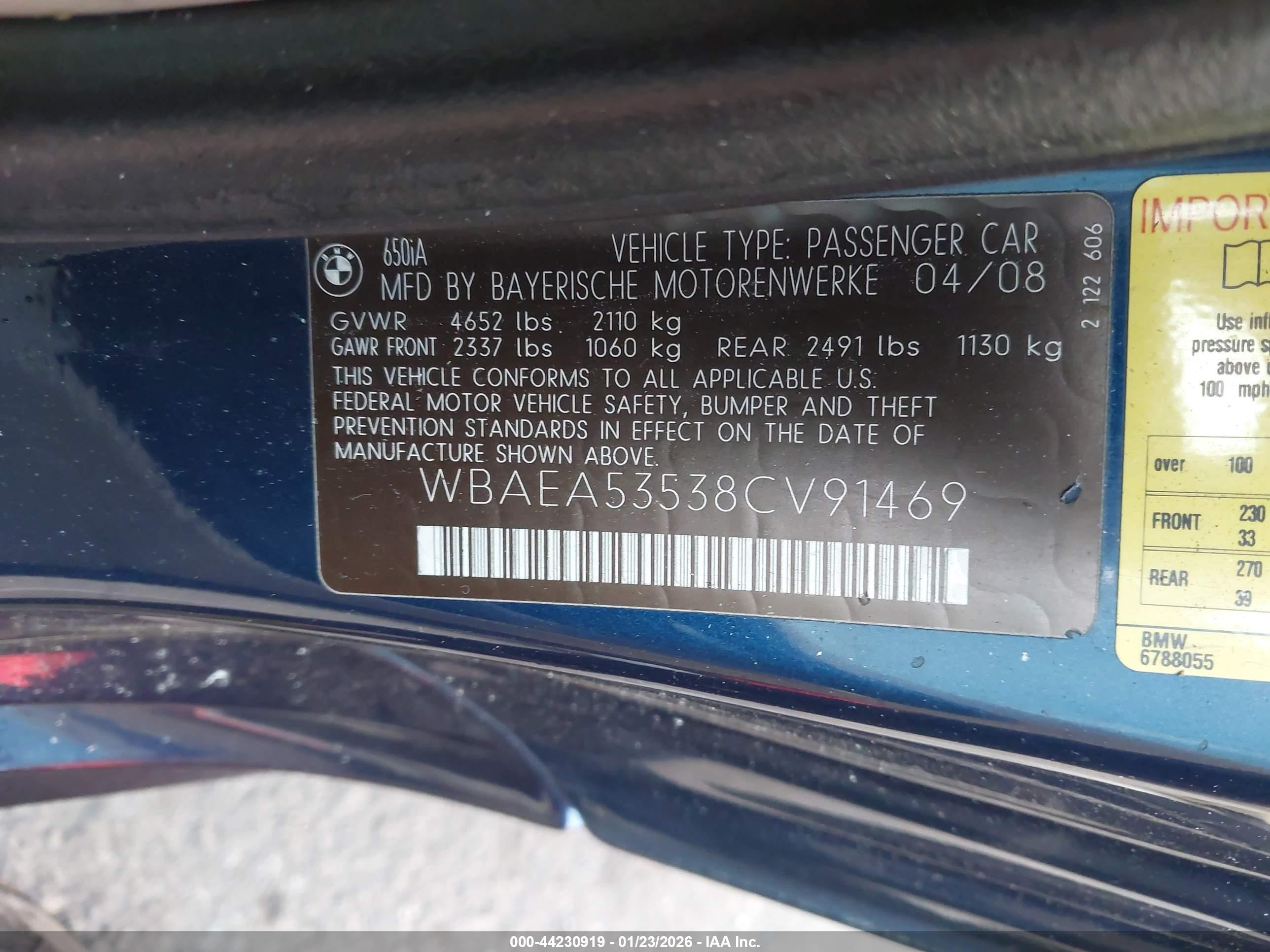 2008 Bmw 650i   Purple vin: WBAEA53538CV91469