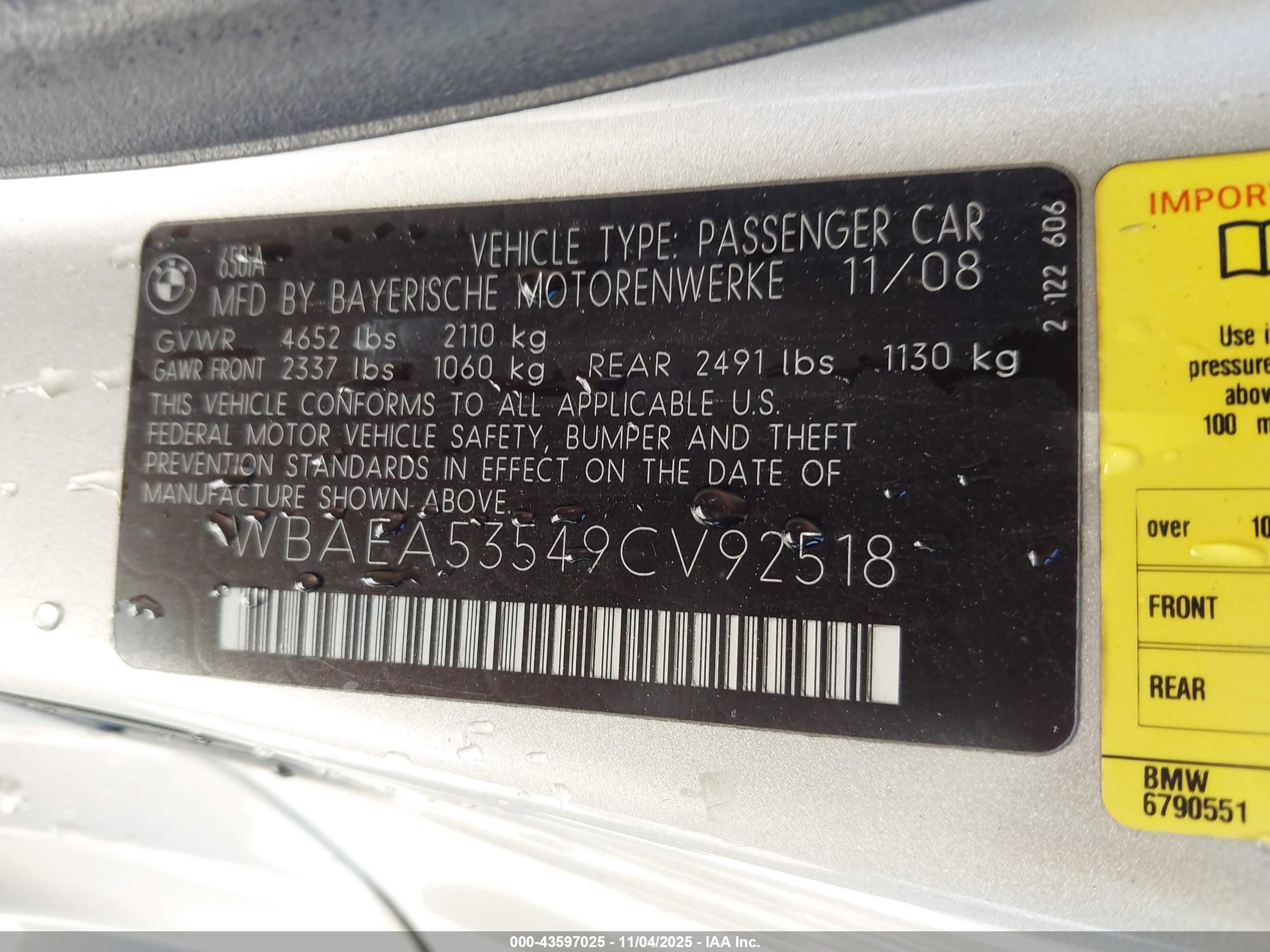 2009 Bmw 650i   Gold vin: WBAEA53549CV92518
