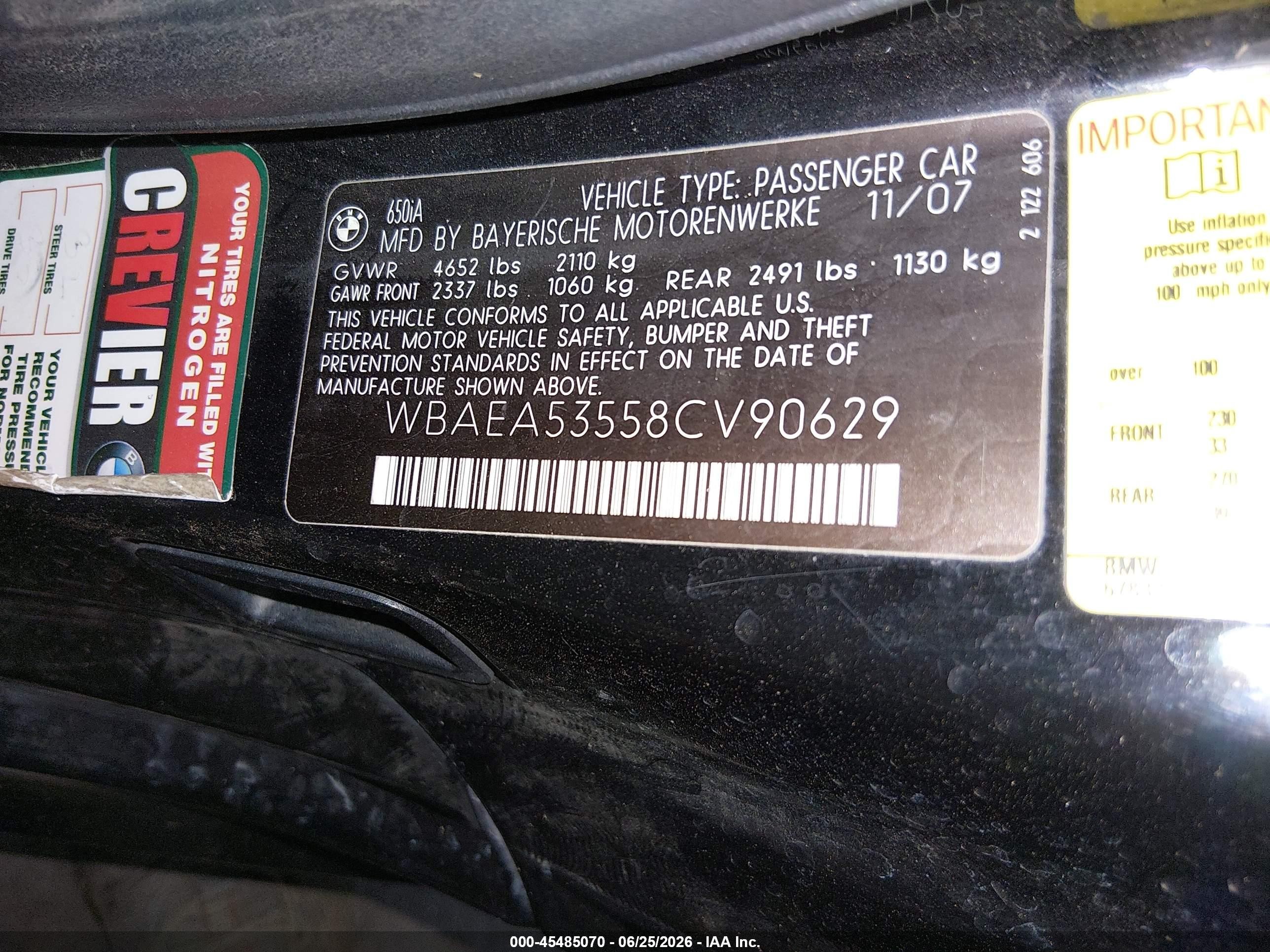 2008 Bmw 650i   Black vin: WBAEA53558CV90629
