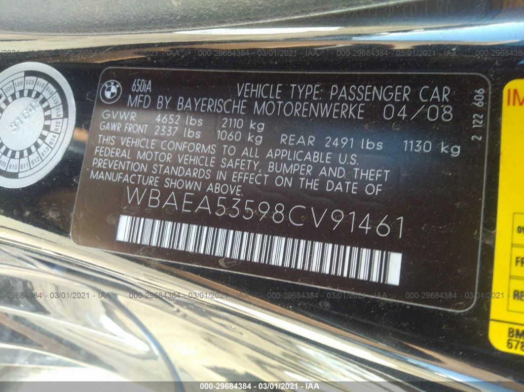 2008 Bmw 650i Black vin: WBAEA53598CV91461