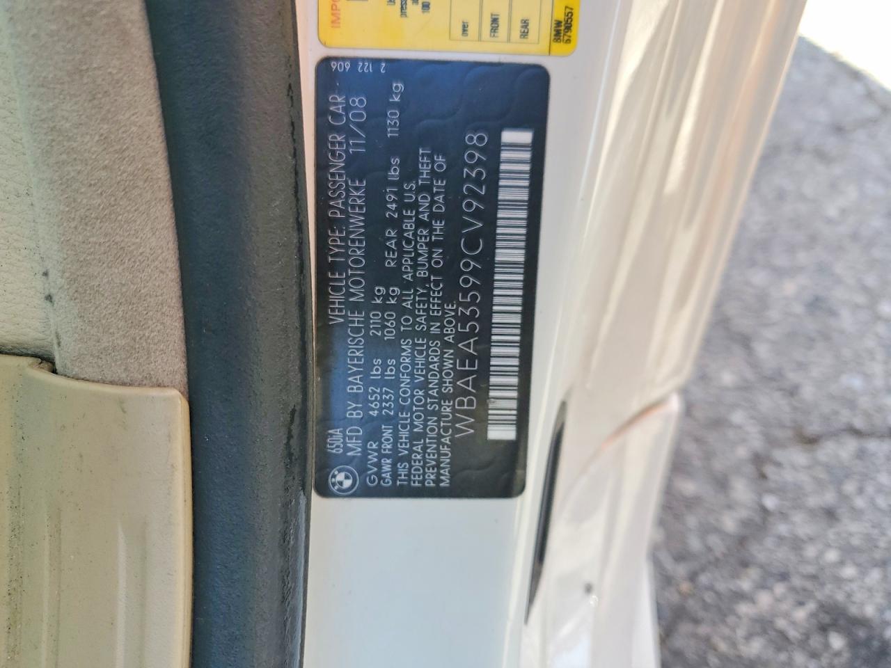 2009 Bmw 650 I White vin: WBAEA53599CV92398