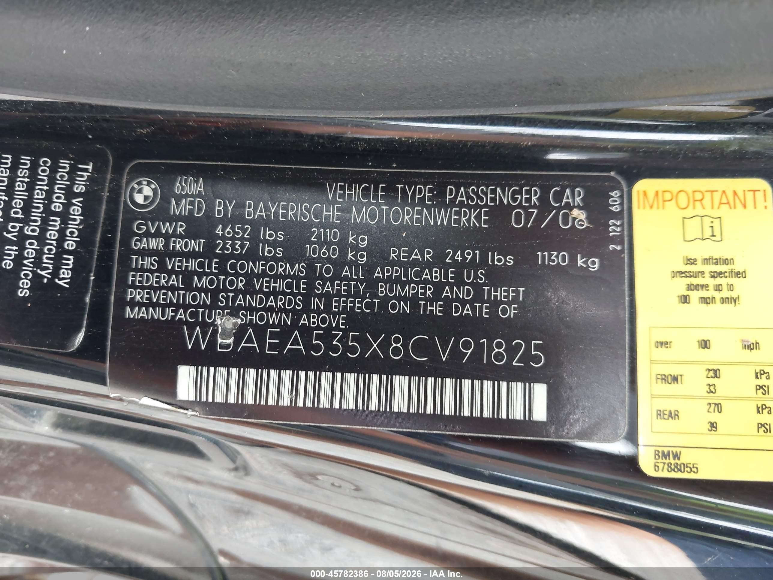 2008 Bmw 650i   Black vin: WBAEA535X8CV91825