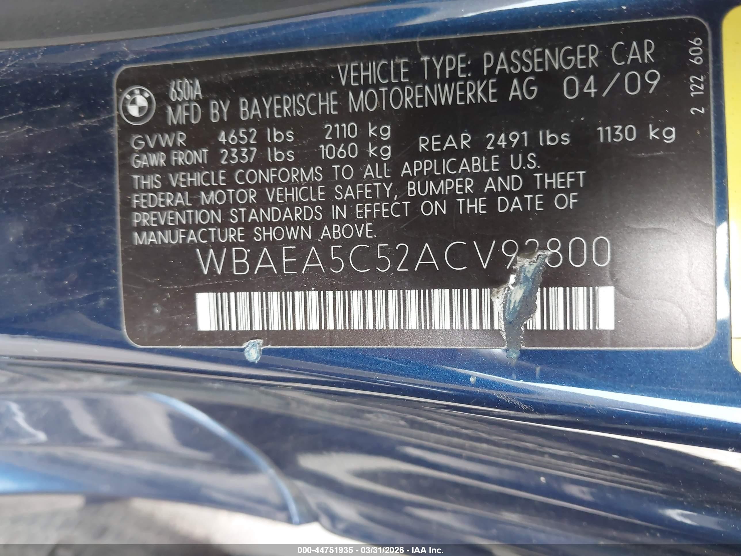 2010 Bmw 650i   Blue vin: WBAEA5C52ACV92800