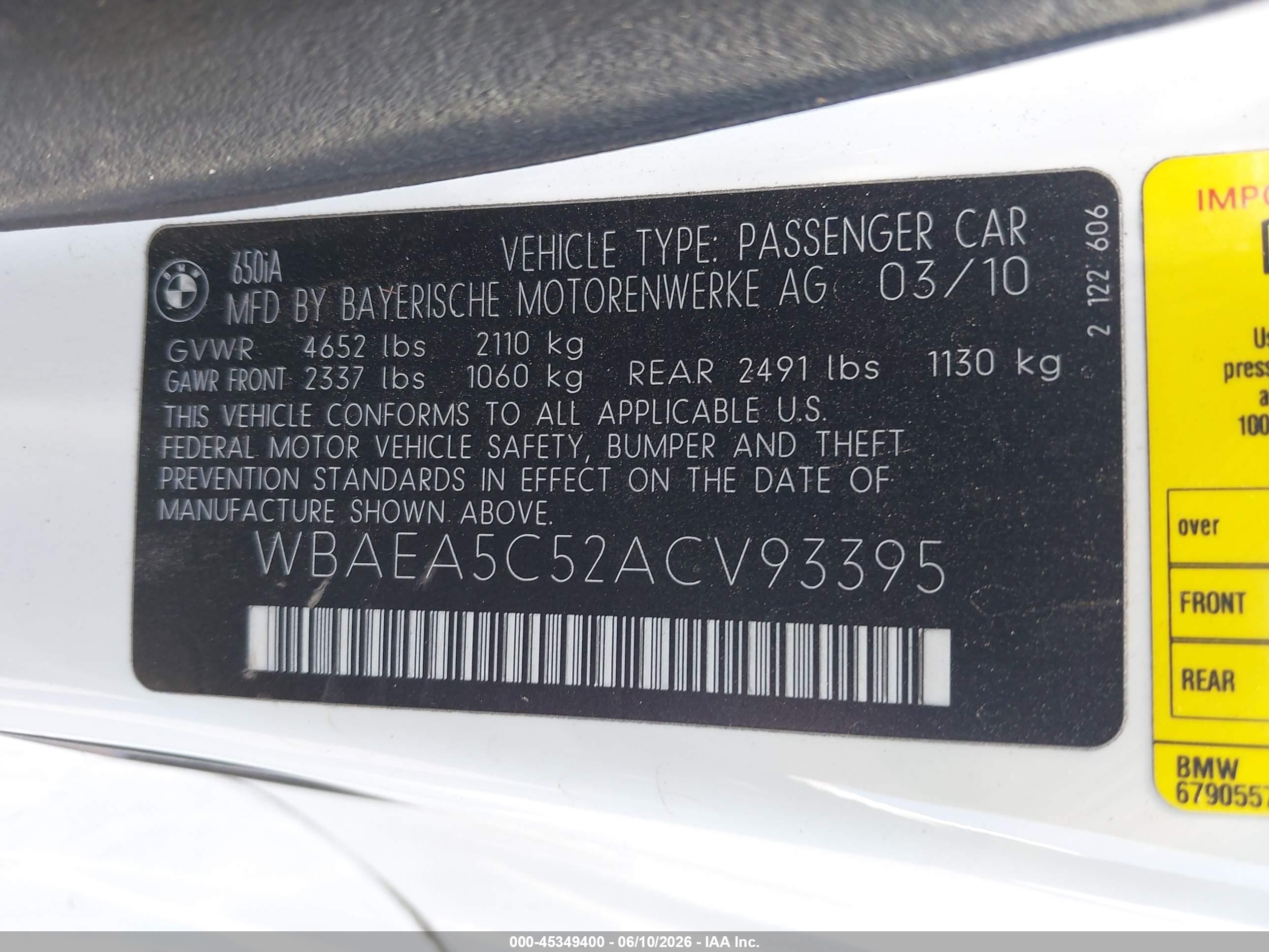 2010 Bmw 650i   White vin: WBAEA5C52ACV93395