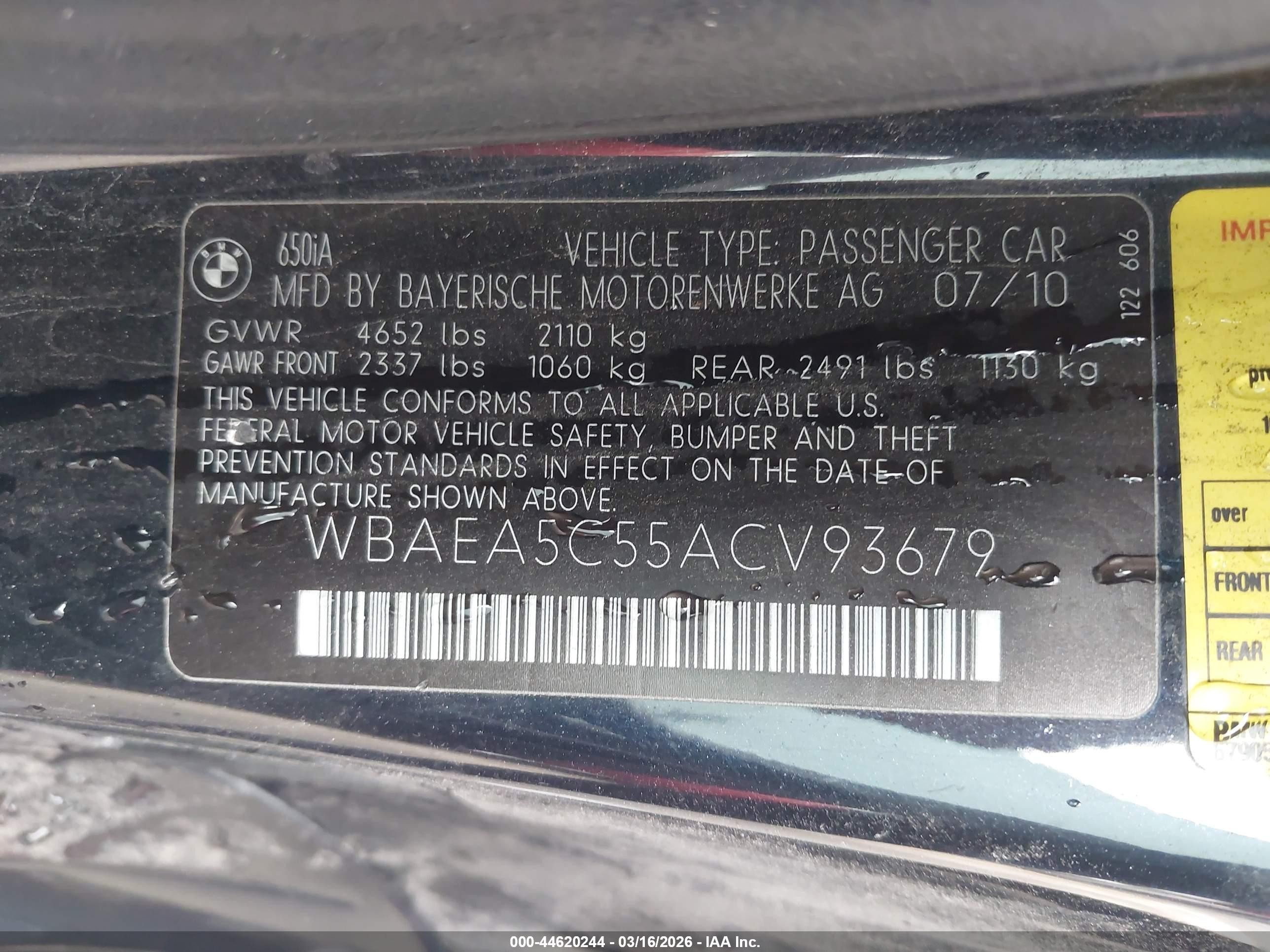 2010 Bmw 650i   Black vin: WBAEA5C55ACV93679
