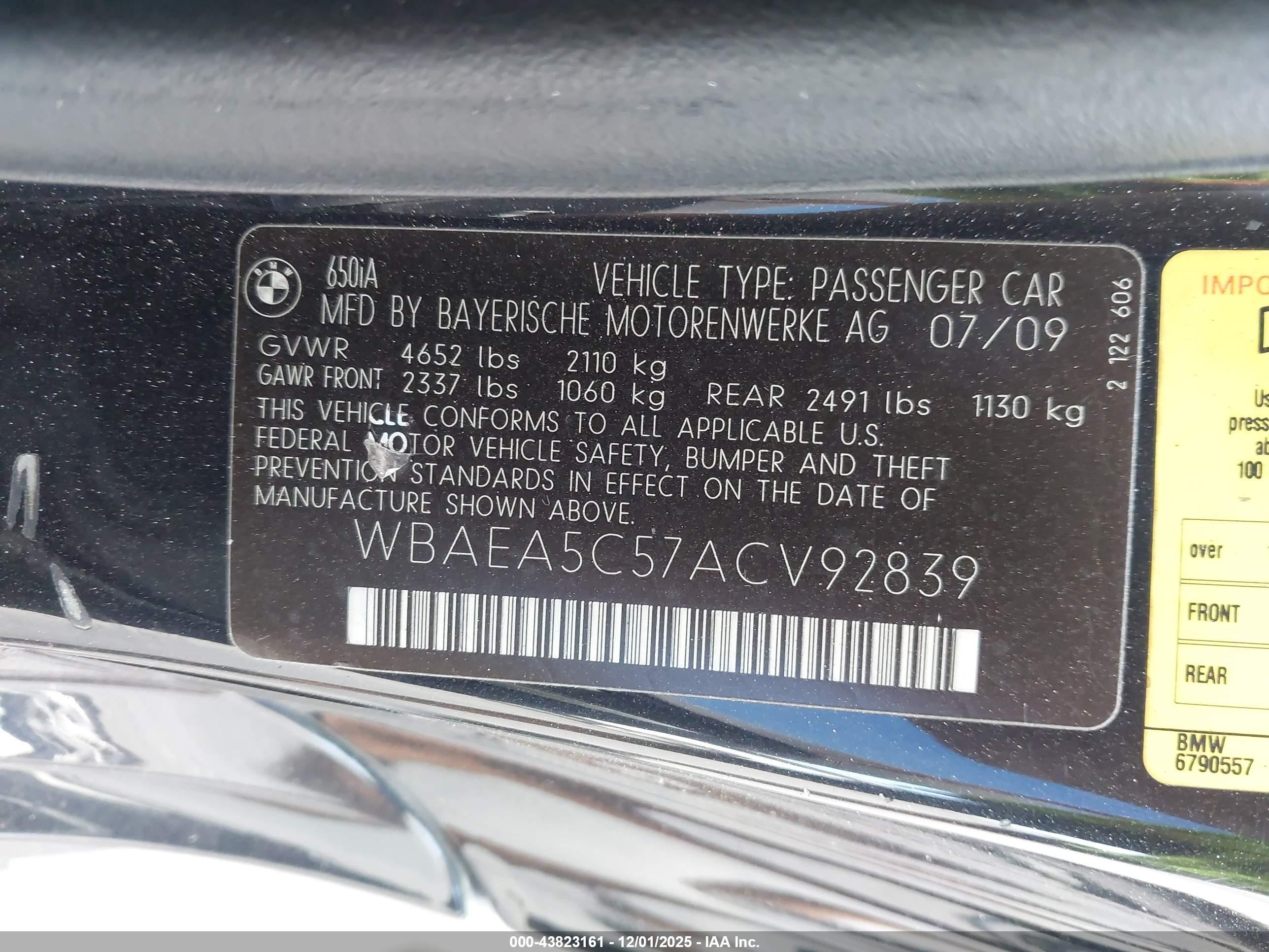 2010 Bmw 650i   Black vin: WBAEA5C57ACV92839