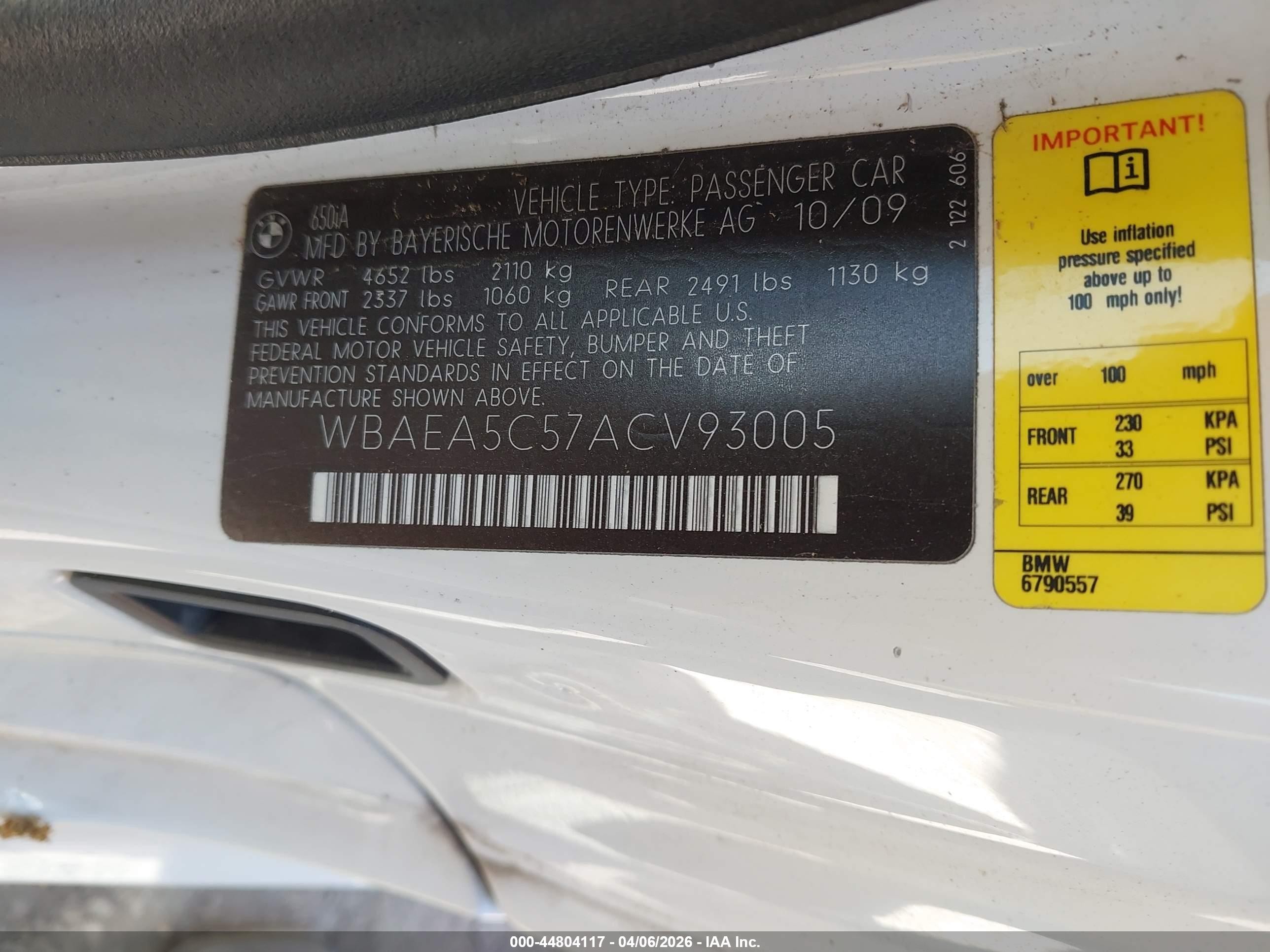 2010 Bmw 650i   White vin: WBAEA5C57ACV93005