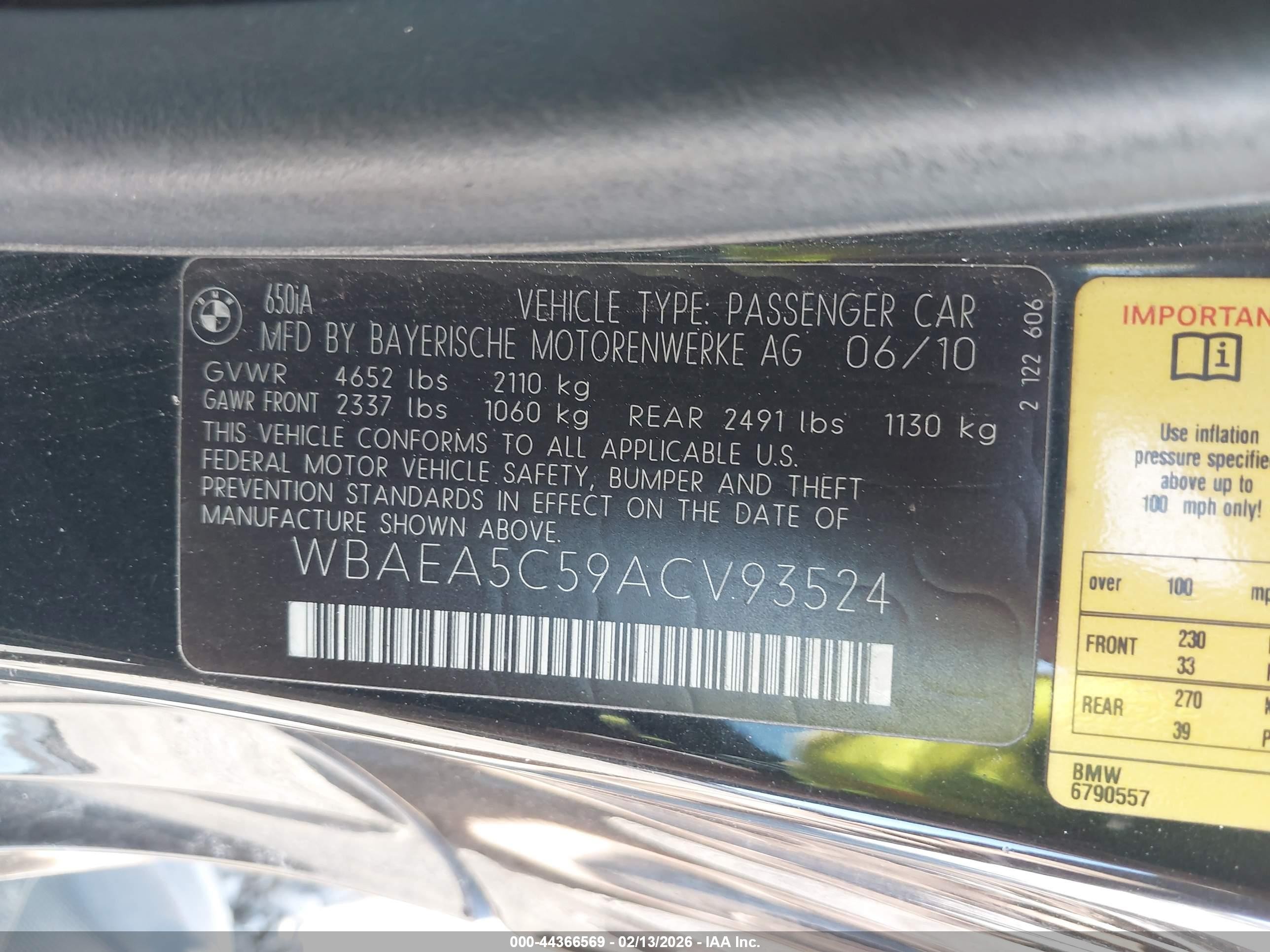 2010 Bmw 650i   Black vin: WBAEA5C59ACV93524