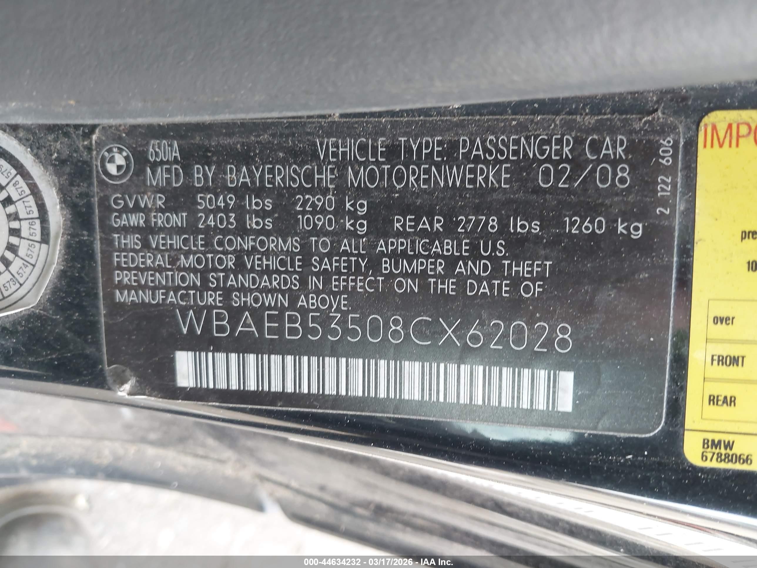 2008 Bmw 650i   Black vin: WBAEB53508CX62028
