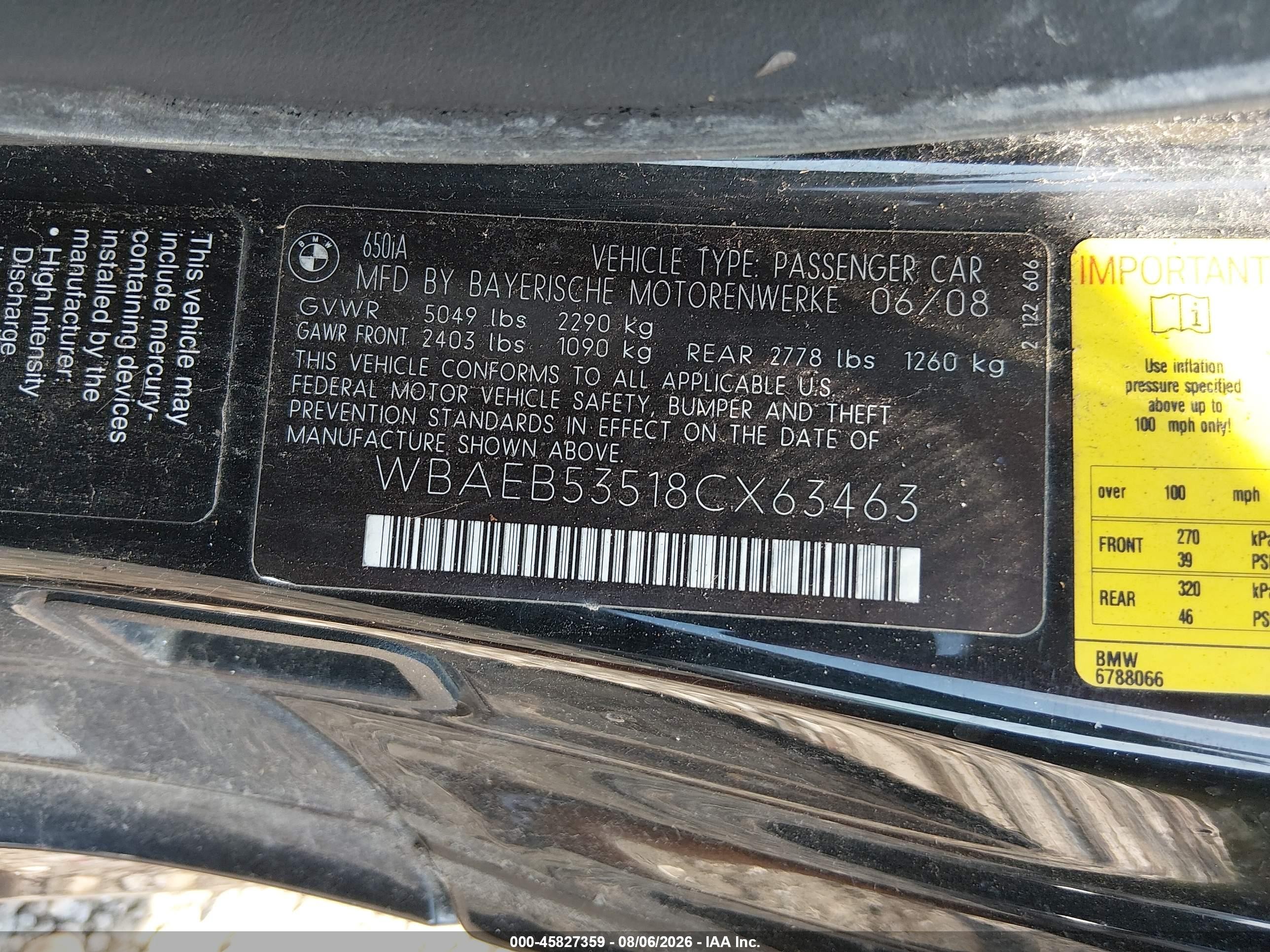 2008 Bmw 650i   Black vin: WBAEB53518CX63463