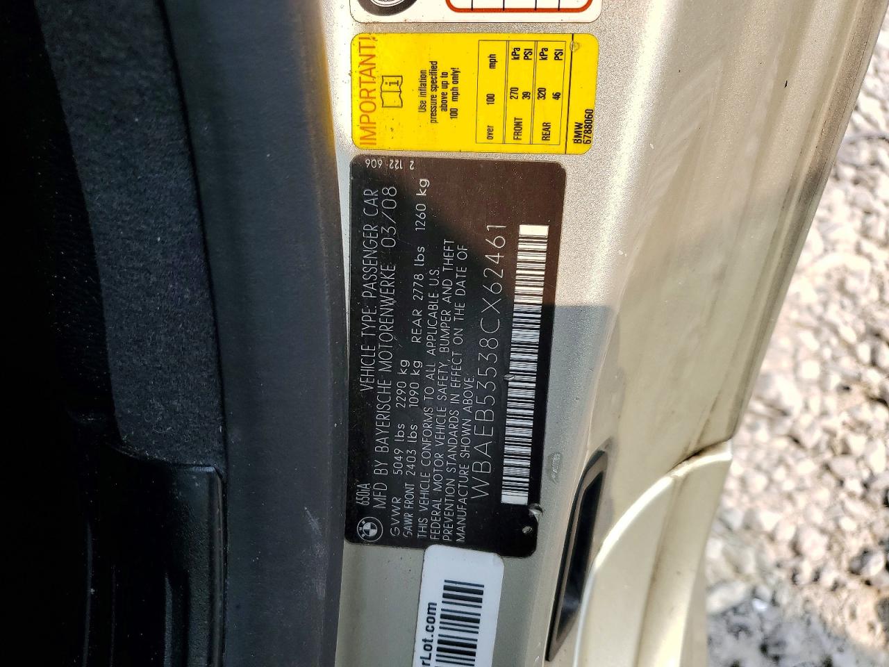 2008 Bmw 650 I Серый vin: WBAEB53538CX62461