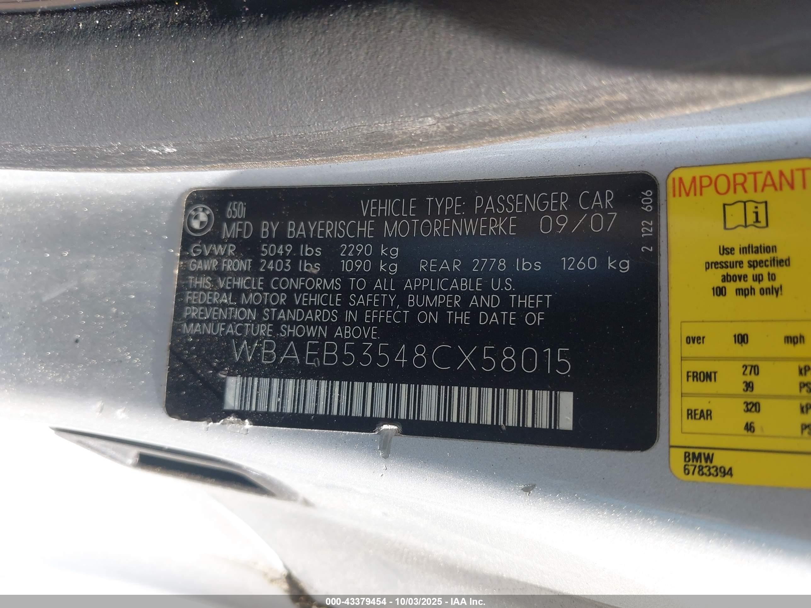 2008 Bmw 650i   Серебряный vin: WBAEB53548CX58015