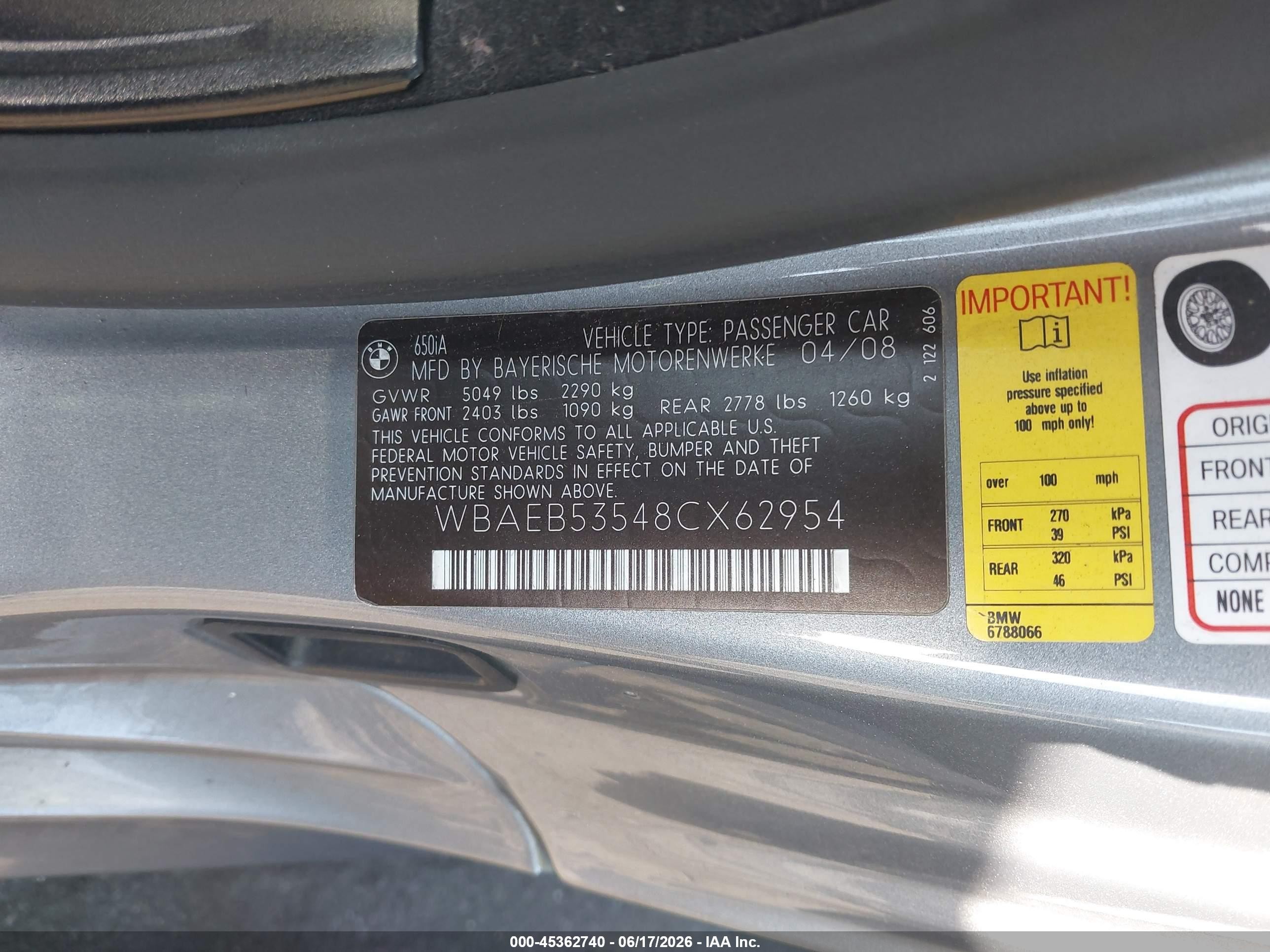 2008 Bmw 650i   Silver vin: WBAEB53548CX62954