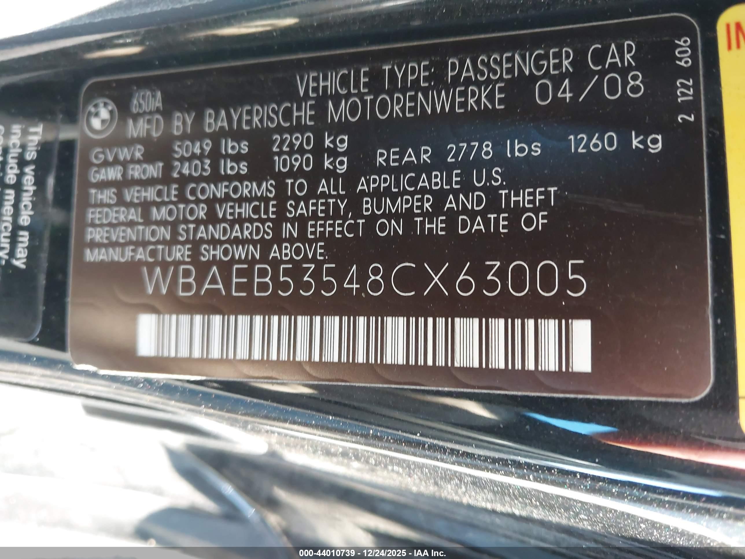 2008 Bmw 650i   Black vin: WBAEB53548CX63005