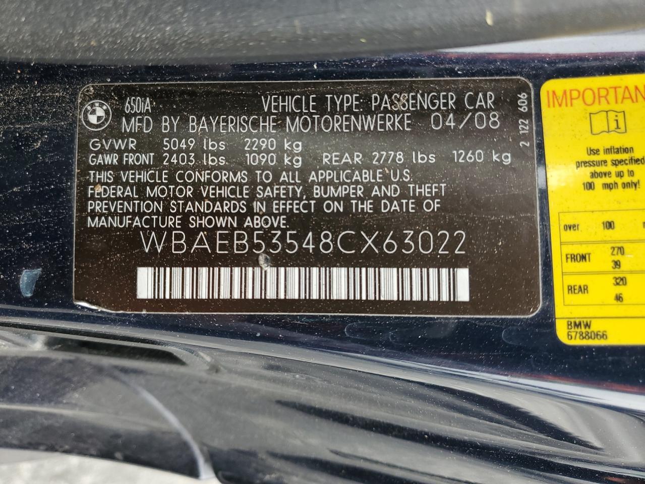 2008 Bmw 650 I Blue vin: WBAEB53548CX63022