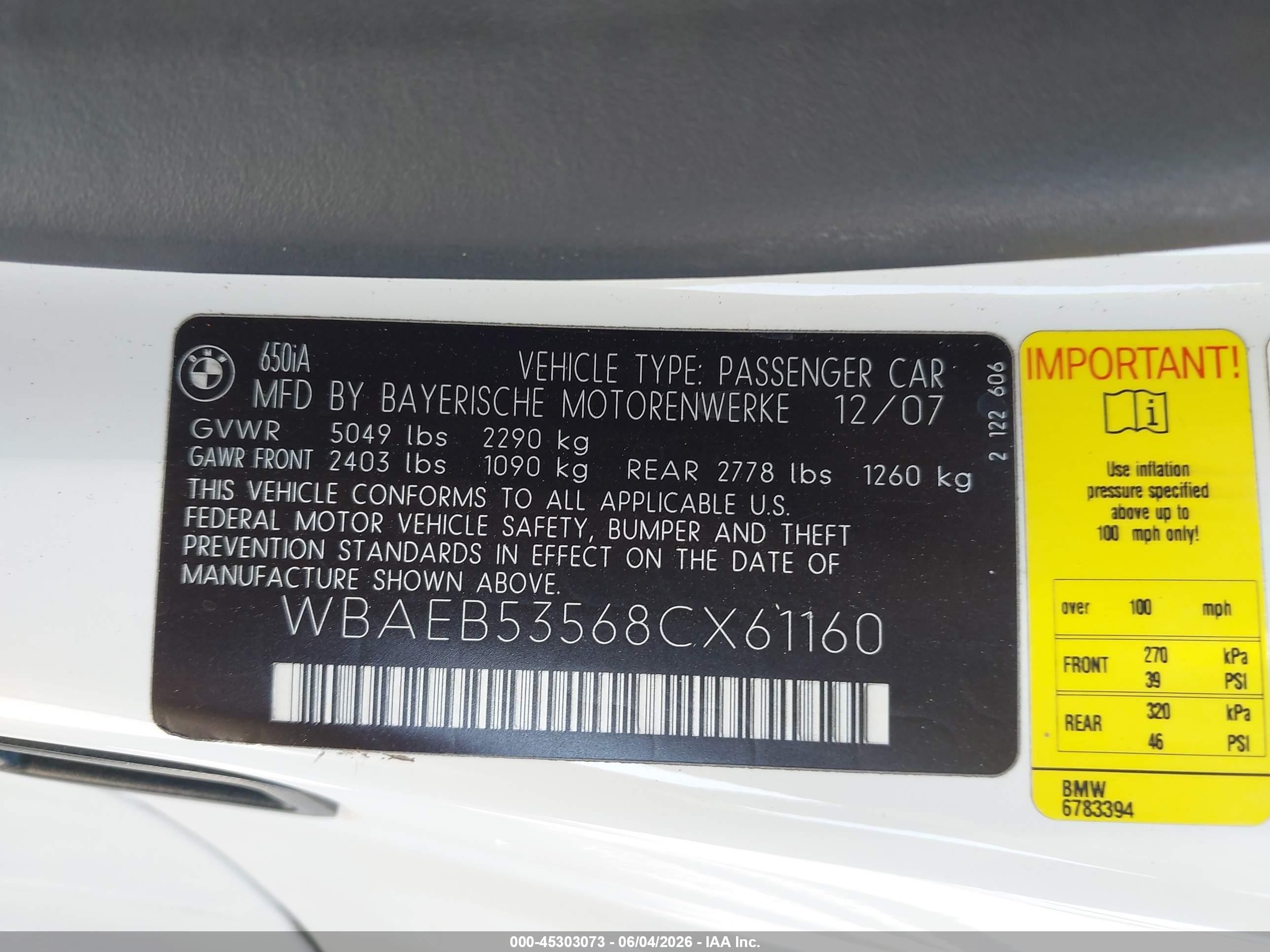 2008 Bmw 650i   White vin: WBAEB53568CX61160