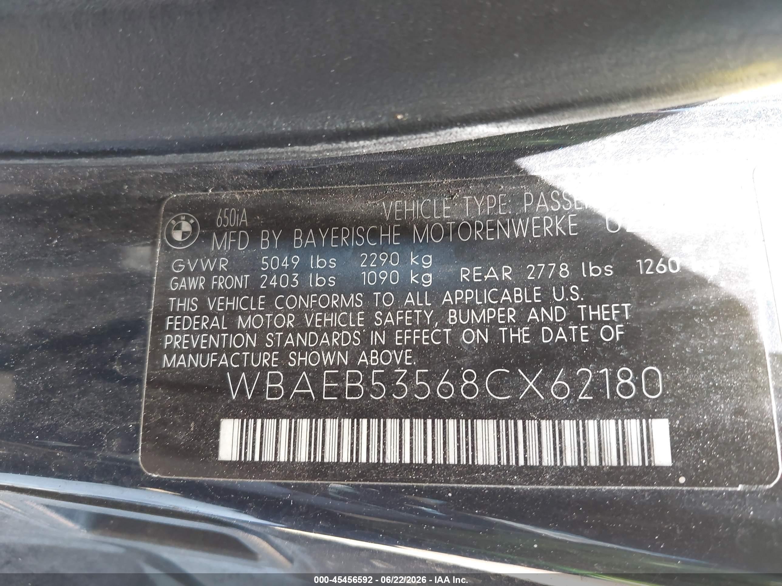 2008 Bmw 650i   Dark Blue vin: WBAEB53568CX62180
