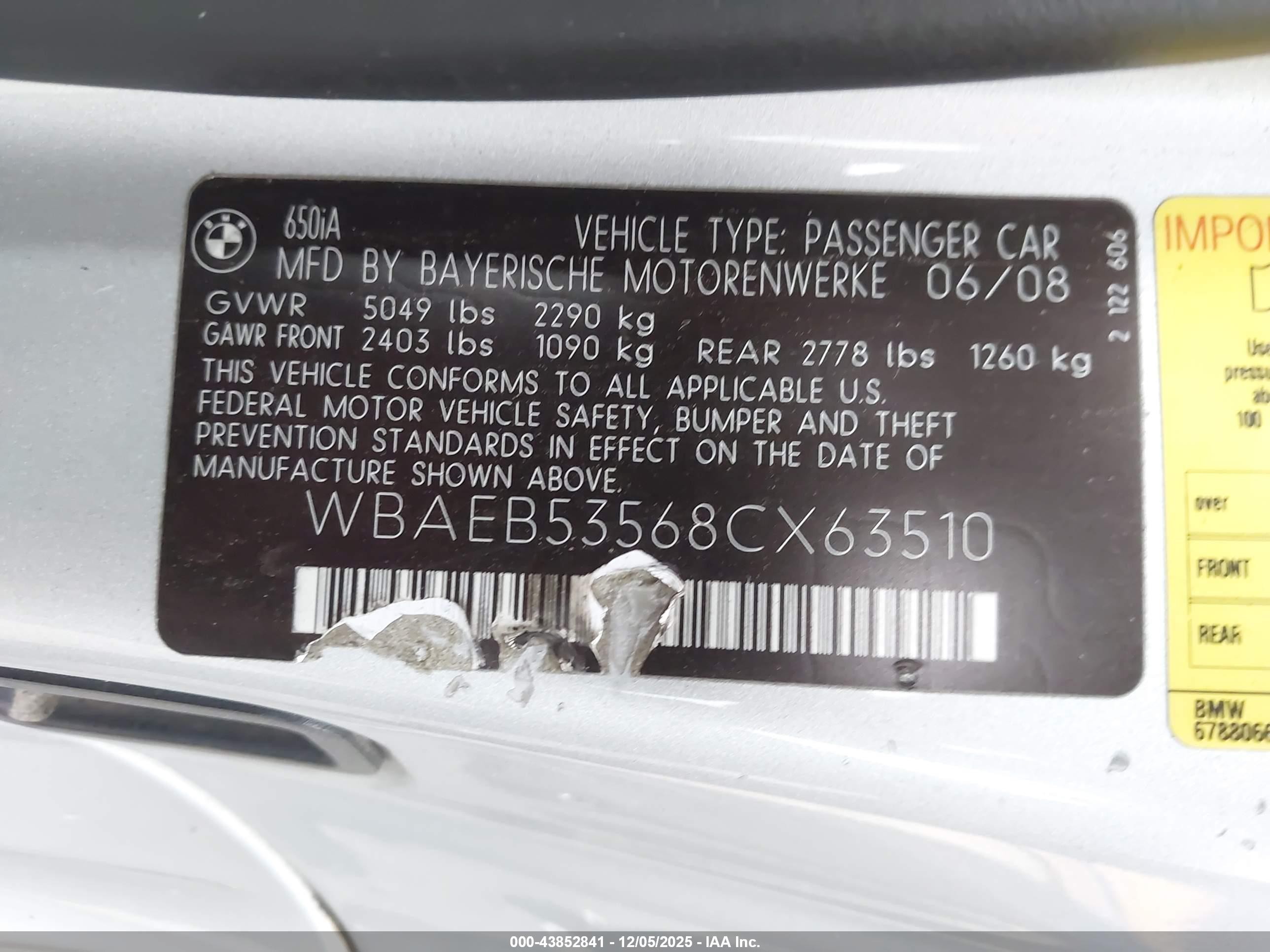 2008 Bmw 650i   Silver vin: WBAEB53568CX63510