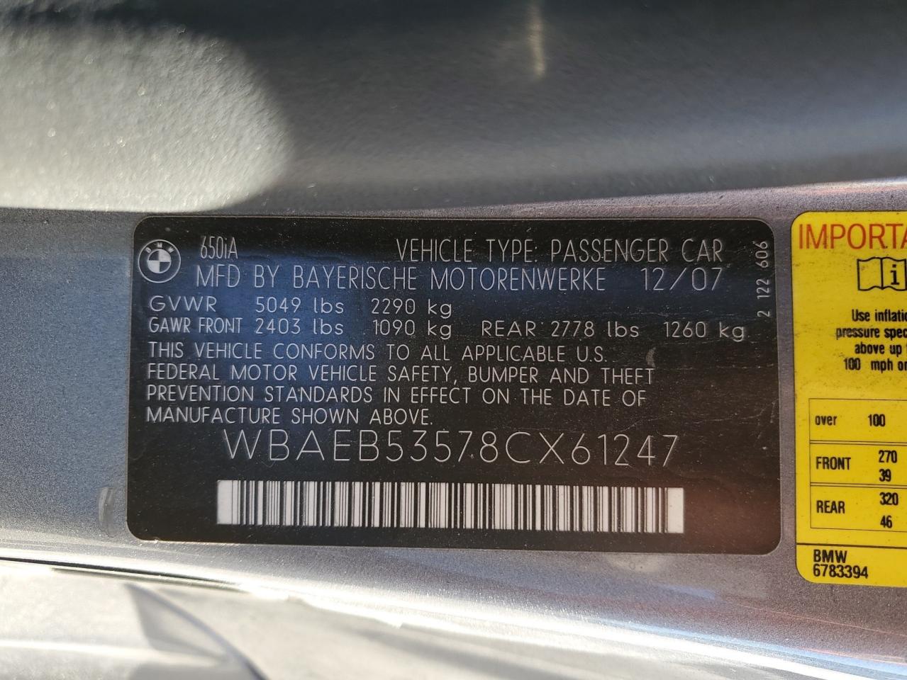 2008 Bmw 650 I Gray vin: WBAEB53578CX61247
