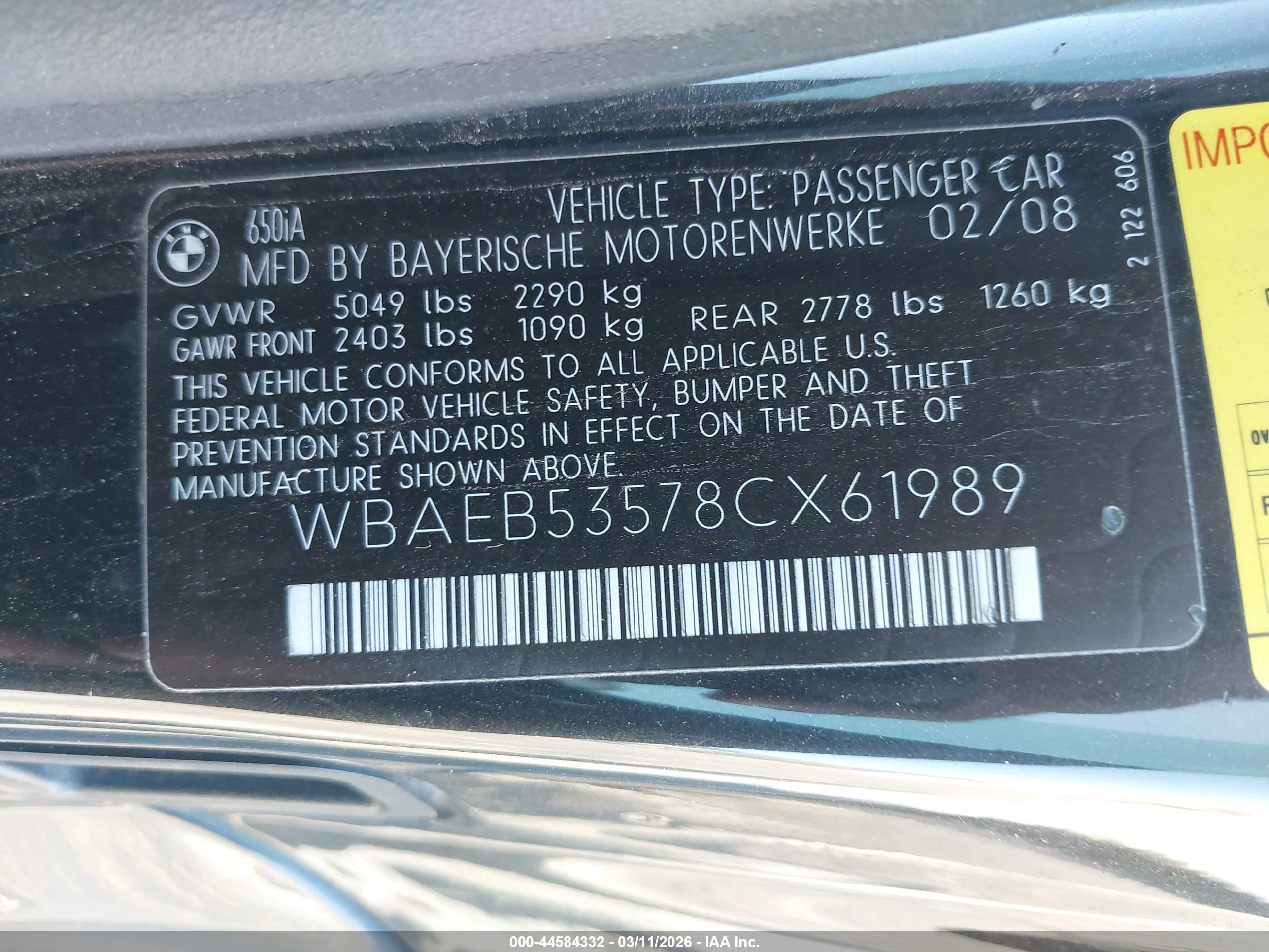 2008 Bmw 650i   Black vin: WBAEB53578CX61989