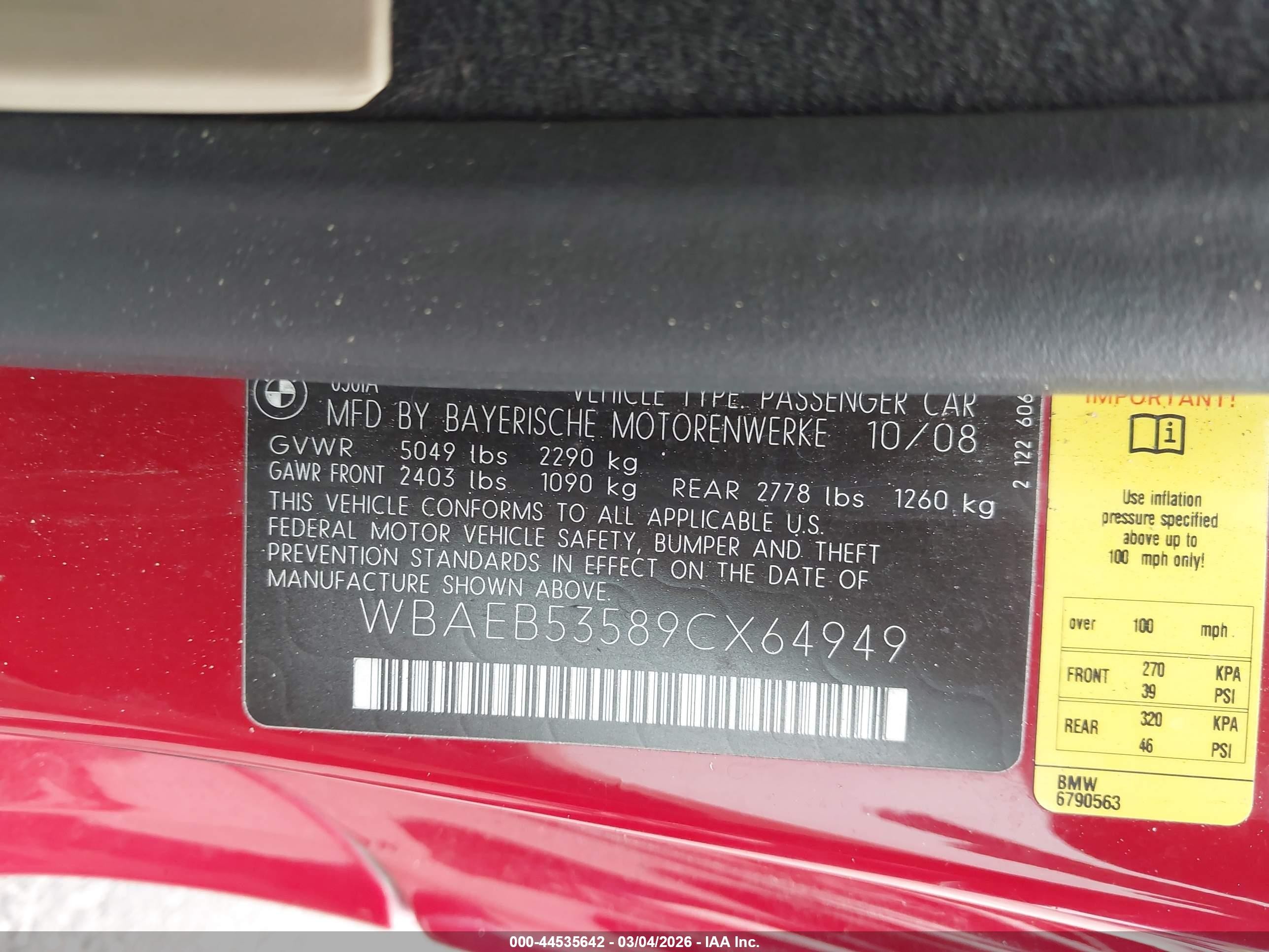 2009 Bmw 650i   Red vin: WBAEB53589CX64949