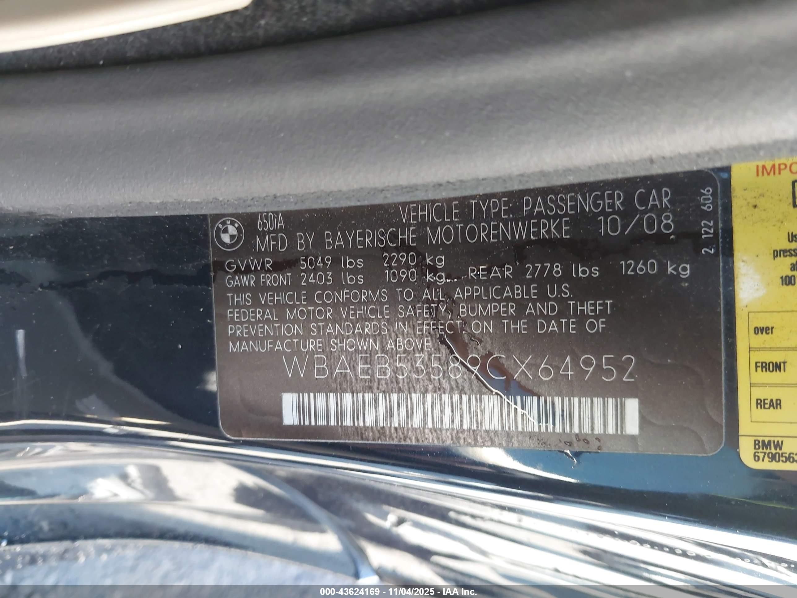 2009 Bmw 650i   Black vin: WBAEB53589CX64952