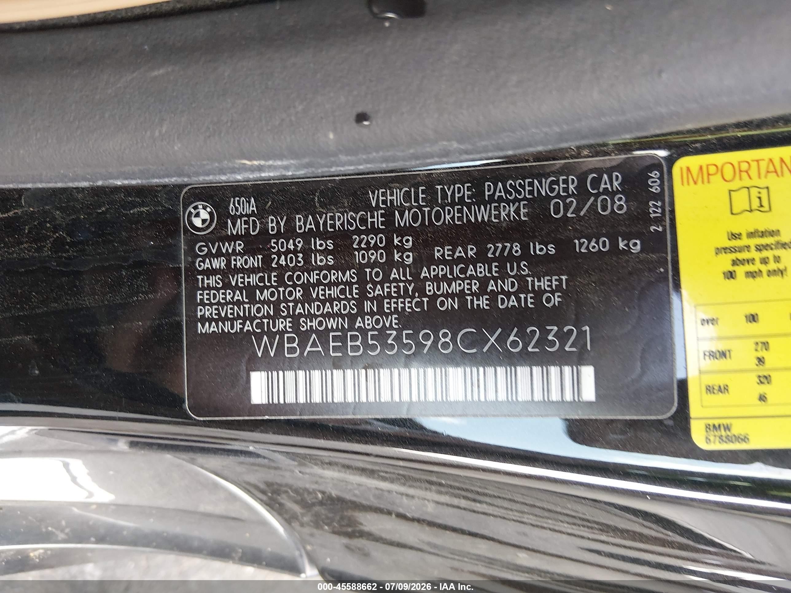 2008 Bmw 650i   Black vin: WBAEB53598CX62321