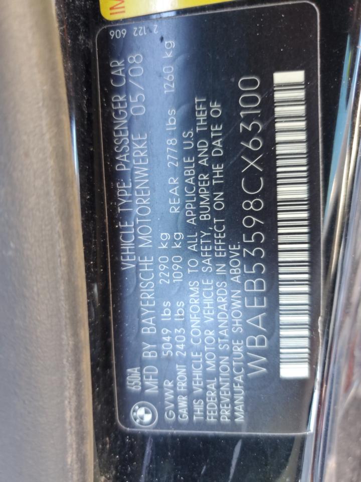 2008 Bmw 650 I Black vin: WBAEB53598CX63100