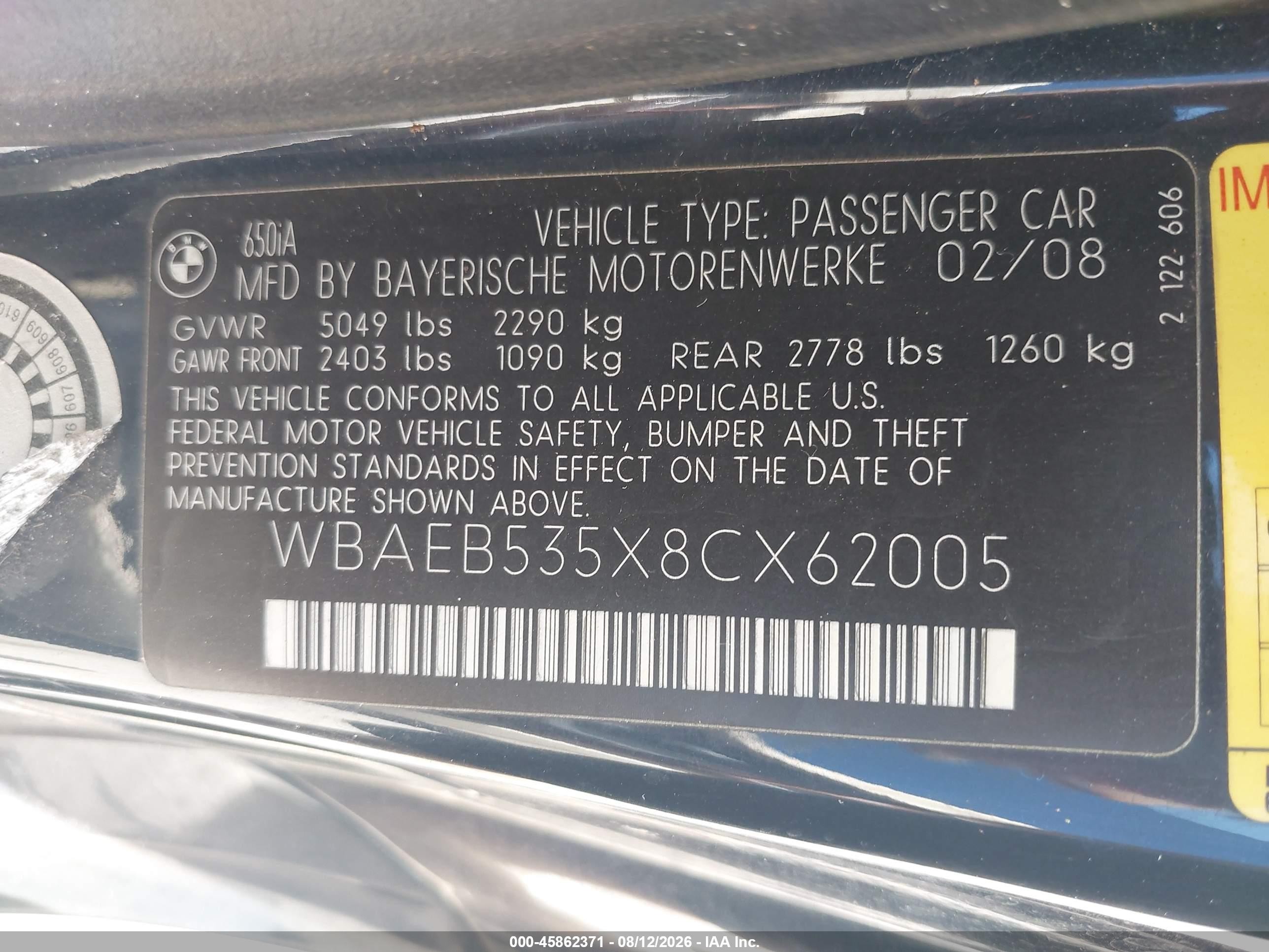 2008 Bmw 650i   Dark Blue vin: WBAEB535X8CX62005