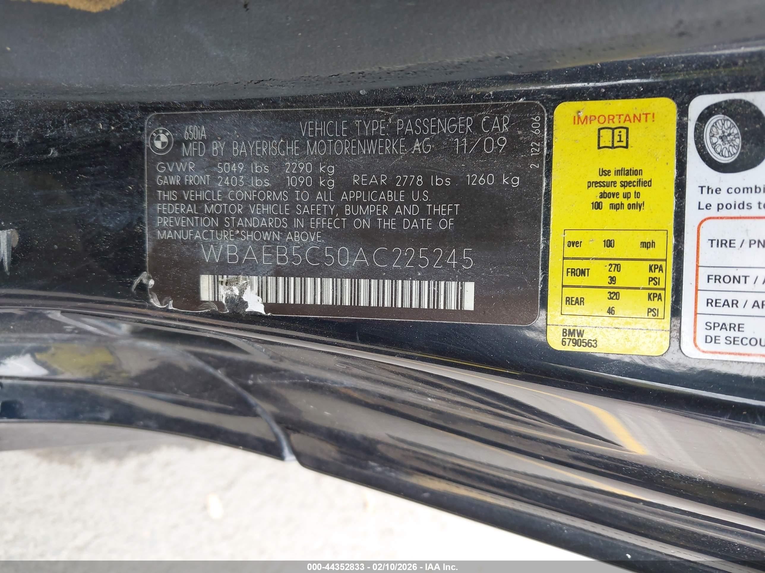 2010 Bmw 650i   Black vin: WBAEB5C50AC225245
