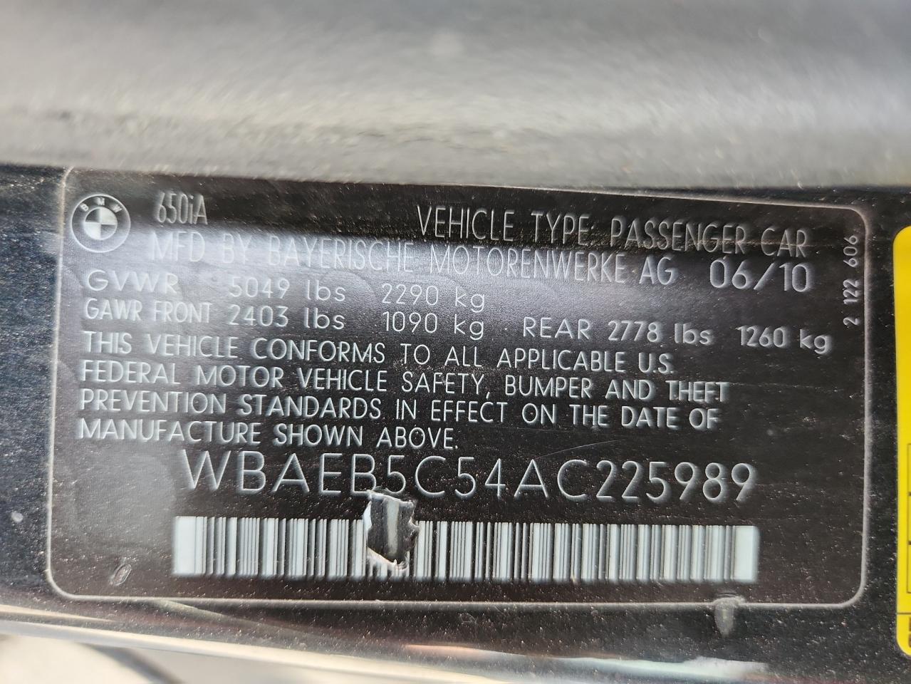 2010 Bmw 650 I Black vin: WBAEB5C54AC225989