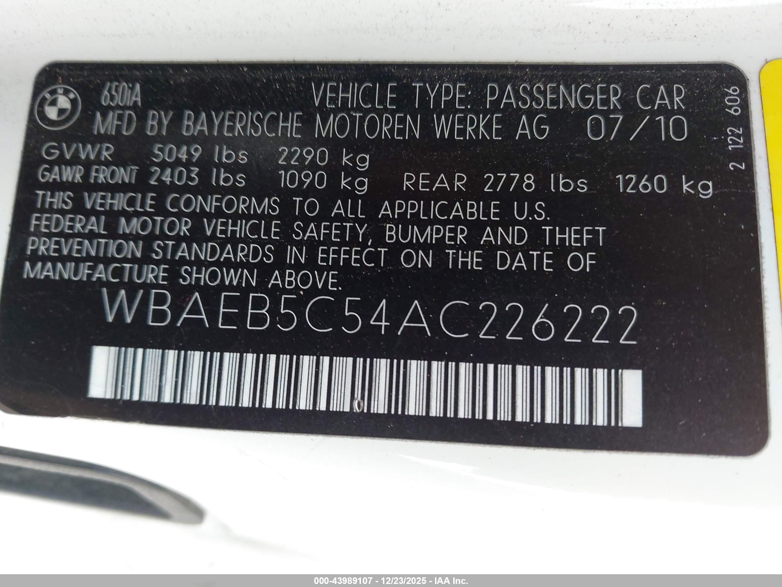 2010 Bmw 650i   Белый vin: WBAEB5C54AC226222