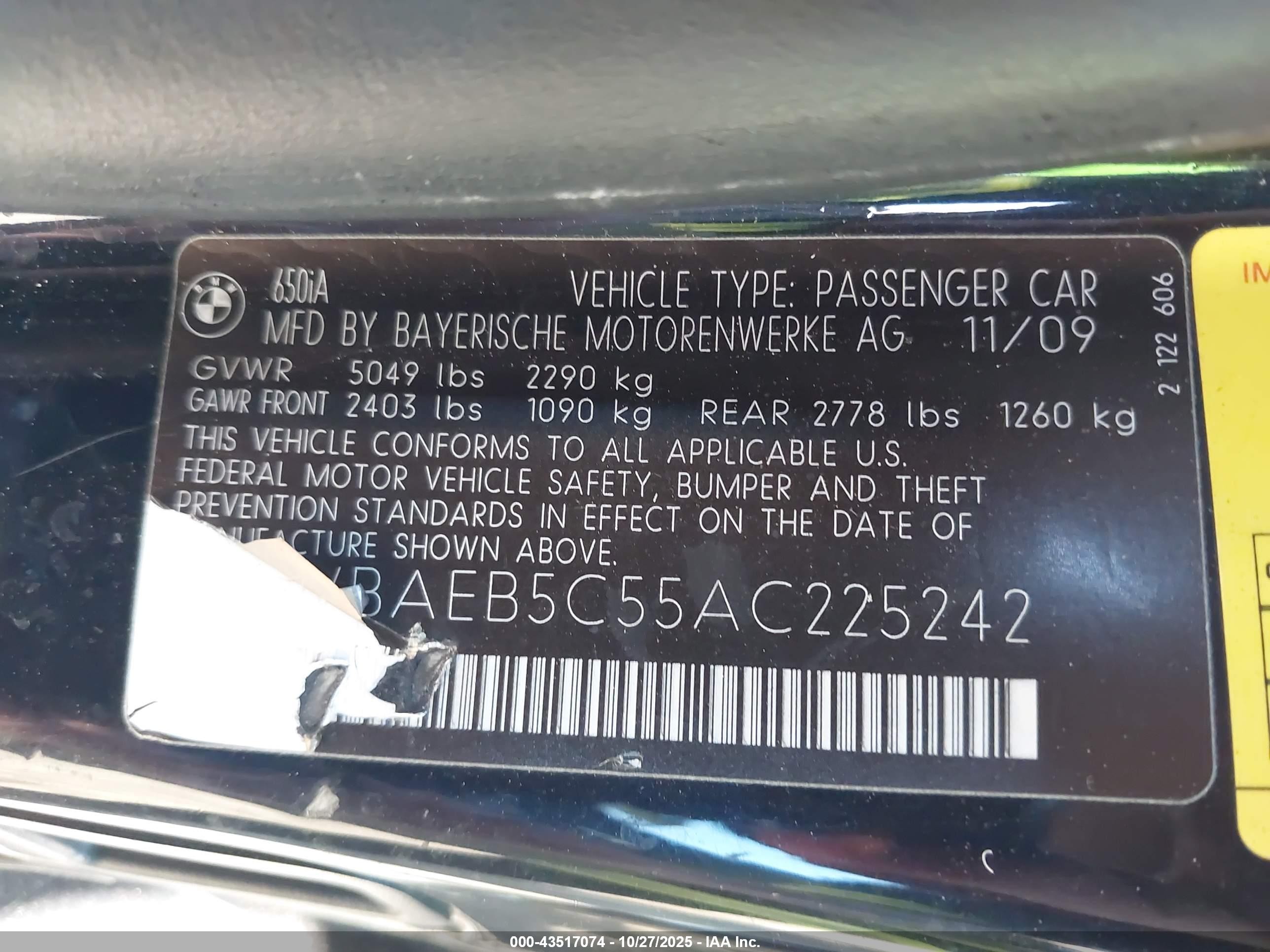 2010 Bmw 650i   Black vin: WBAEB5C55AC225242