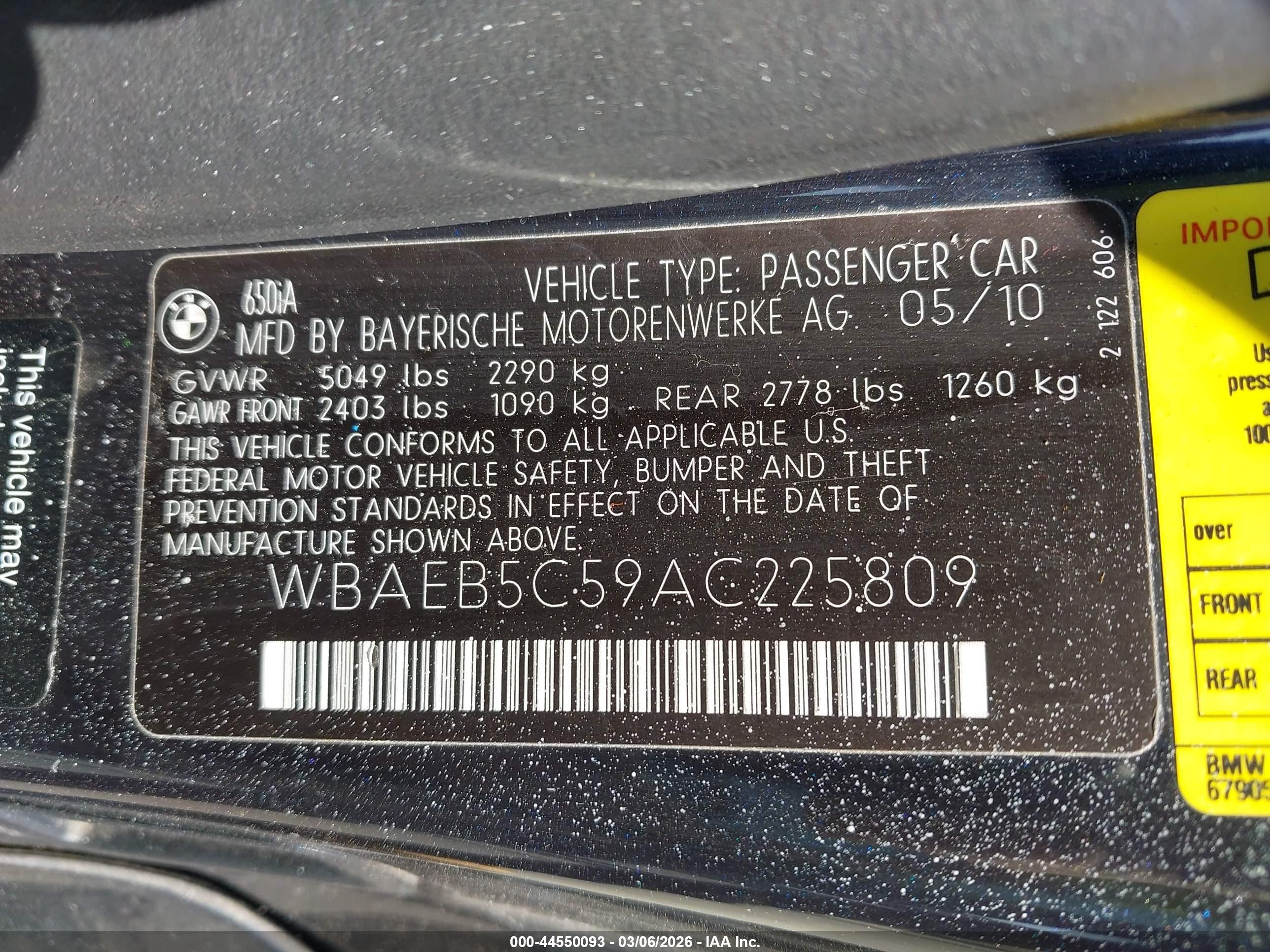 2010 Bmw 650i   Dark Blue vin: WBAEB5C59AC225809