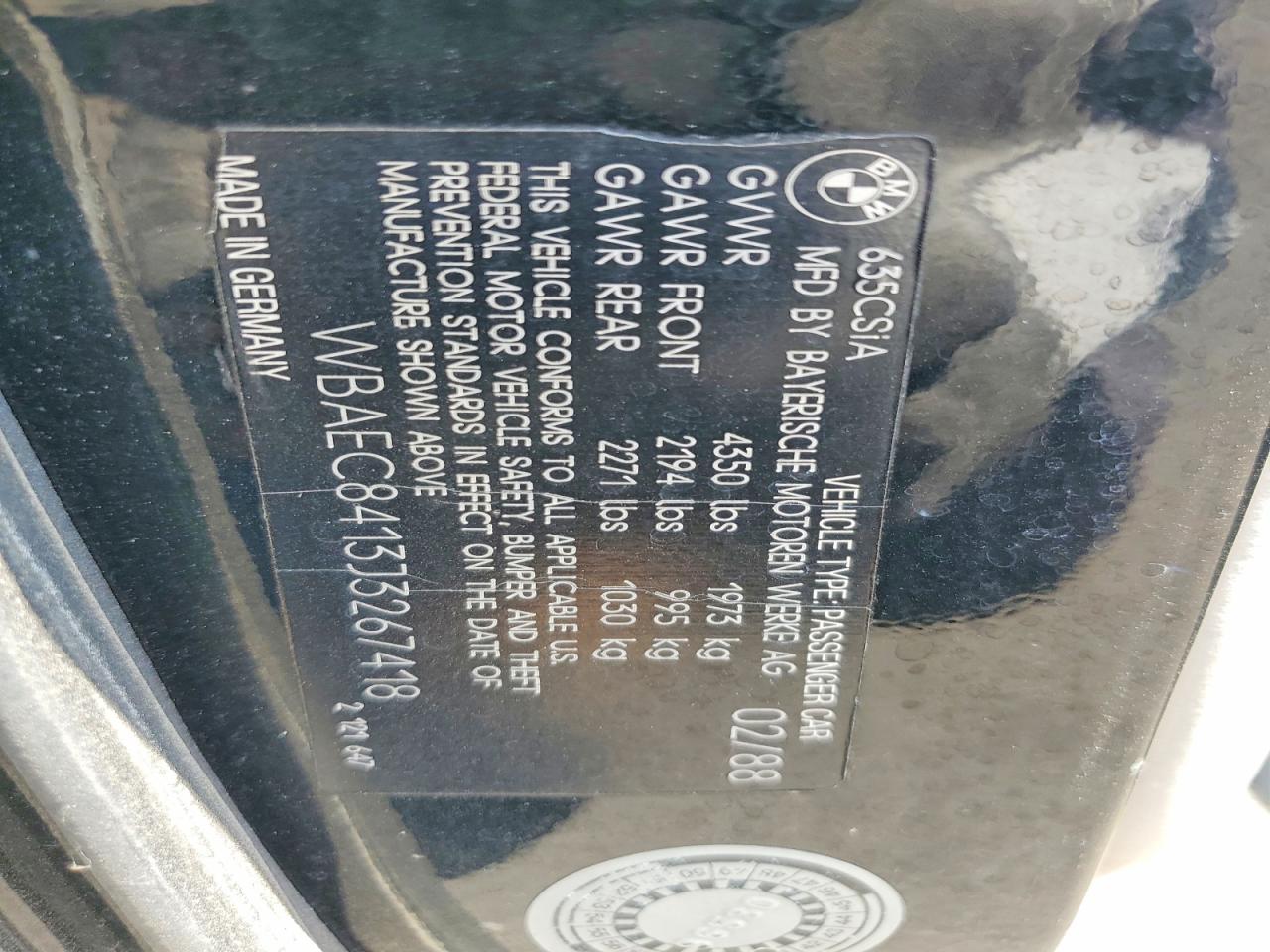 1988 Bmw 635 Csi Automatic Black vin: WBAEC8413J3267418