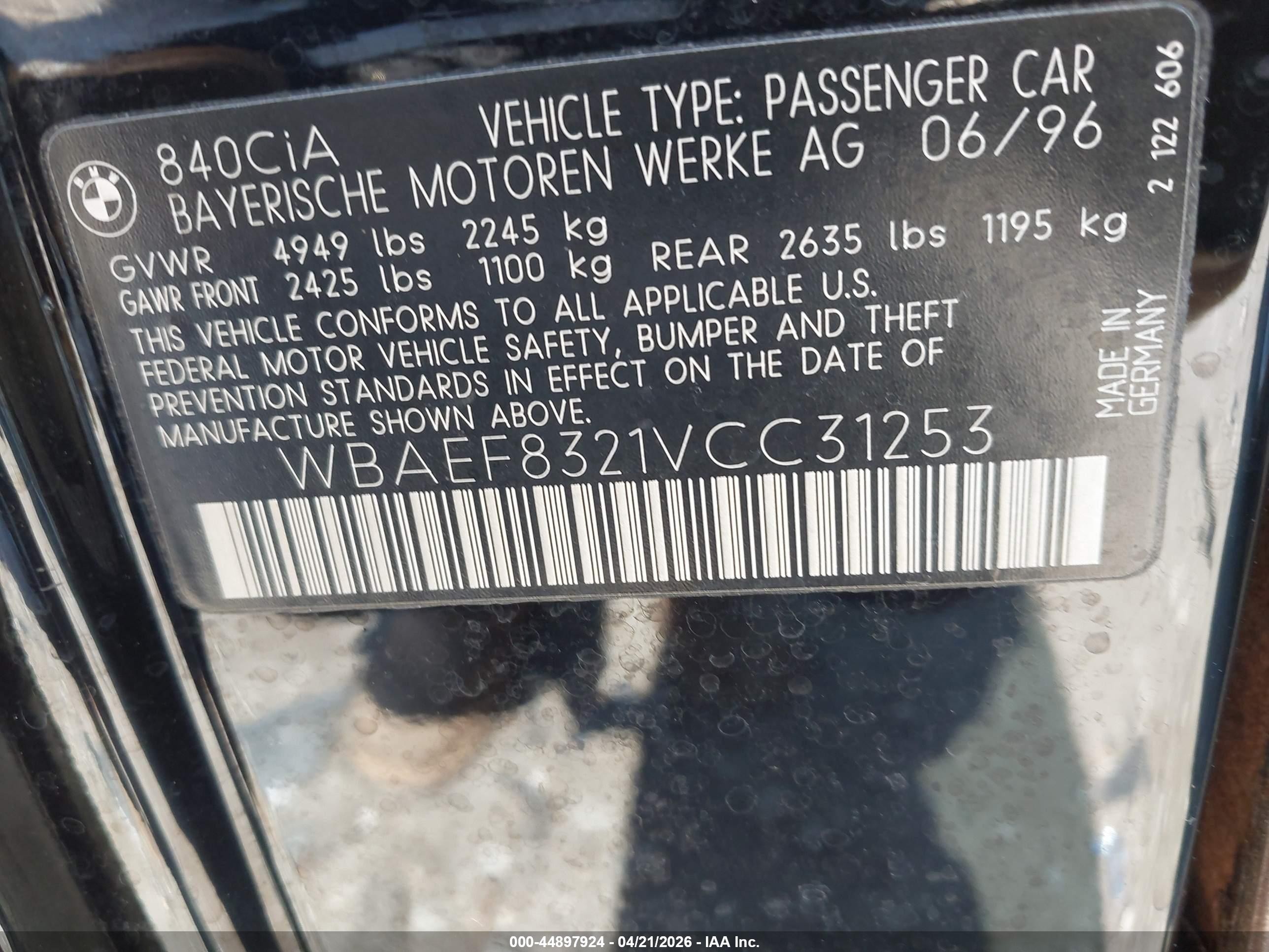 1997 Bmw 840cia   Black vin: WBAEF8321VCC31253