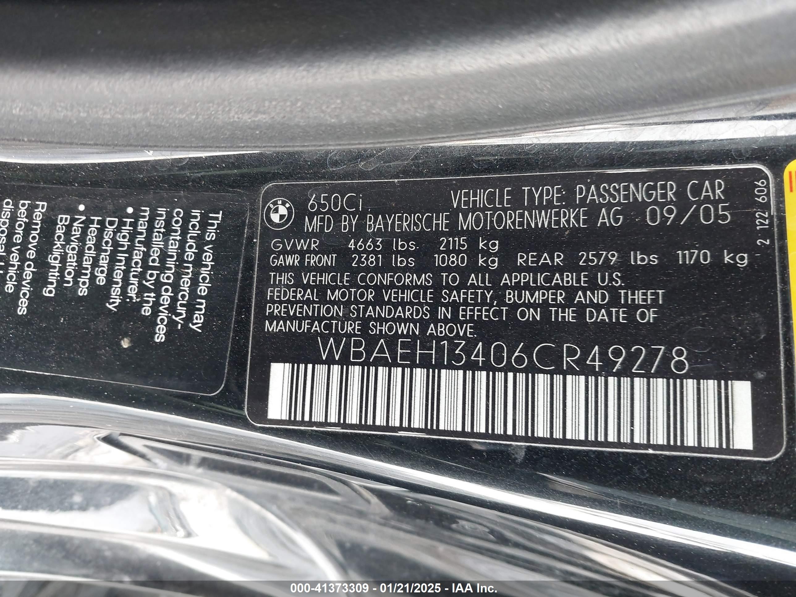 2006 Bmw 650i   Black vin: WBAEH13406CR49278