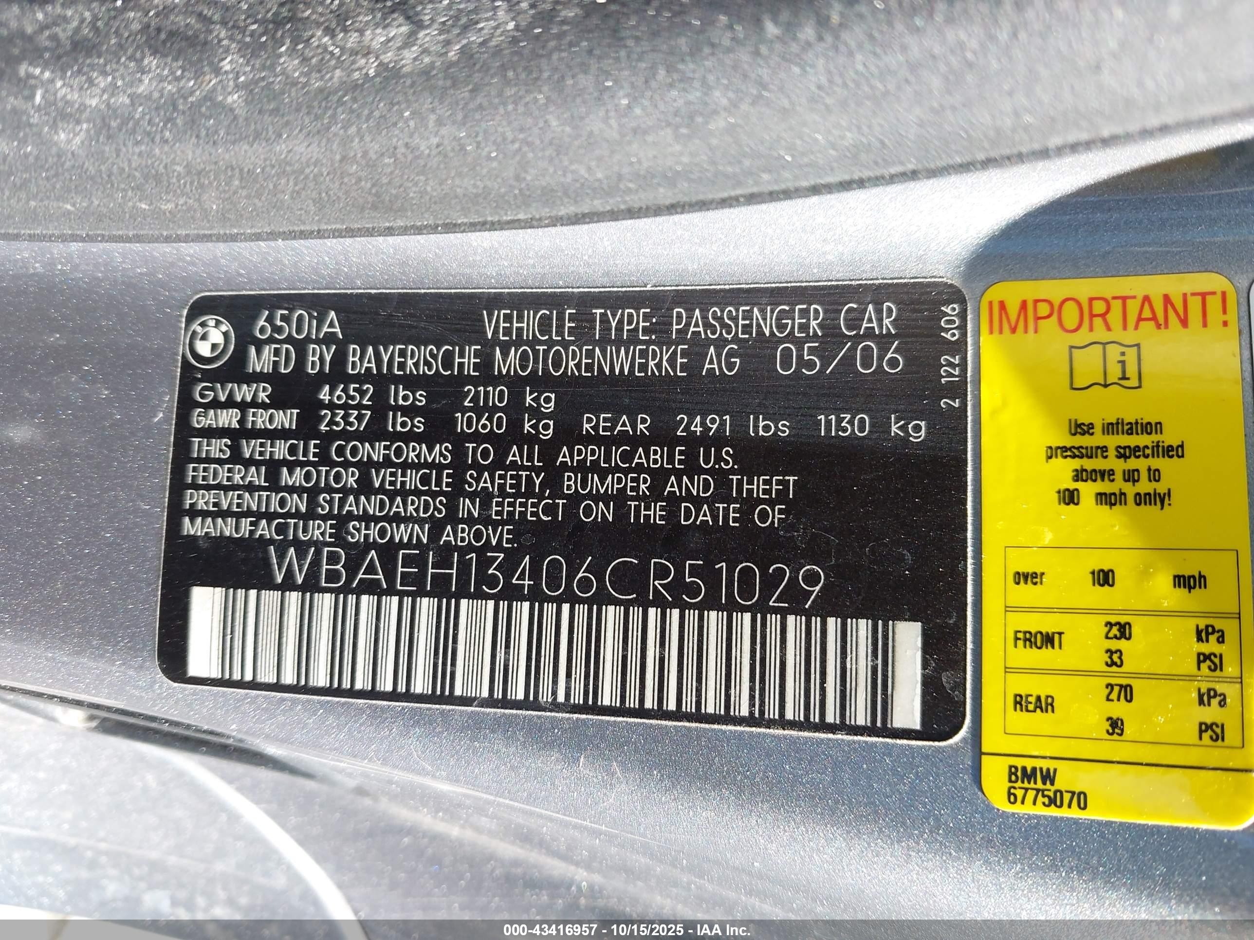 2006 Bmw 650i   Silver vin: WBAEH13406CR51029