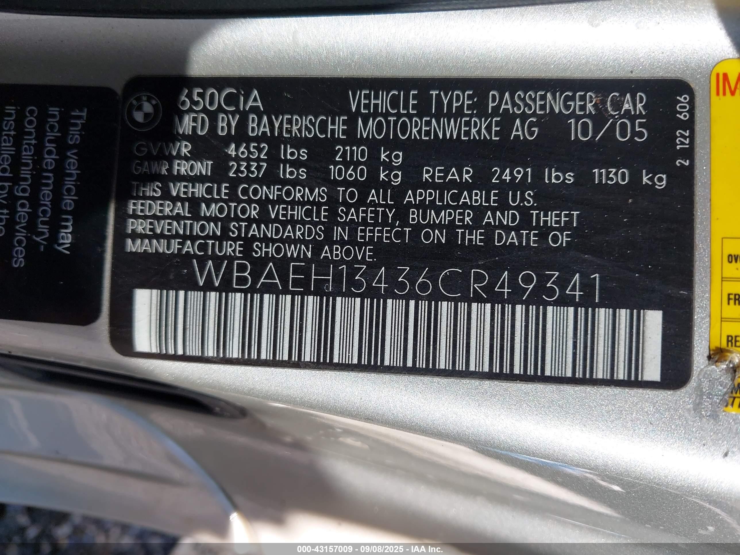 2006 Bmw 650i   Gold vin: WBAEH13436CR49341