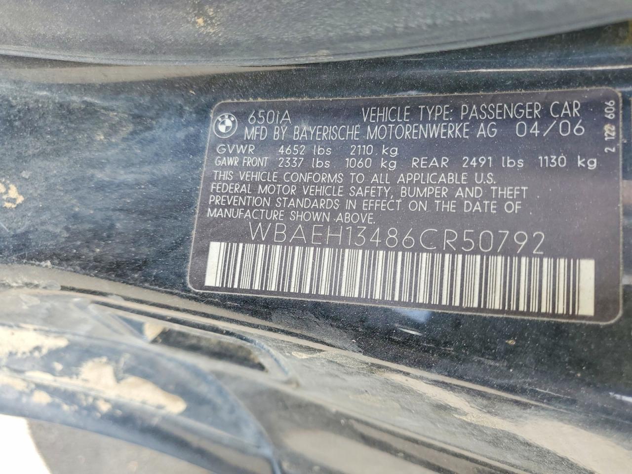 2006 Bmw 650 I Black vin: WBAEH13486CR50792