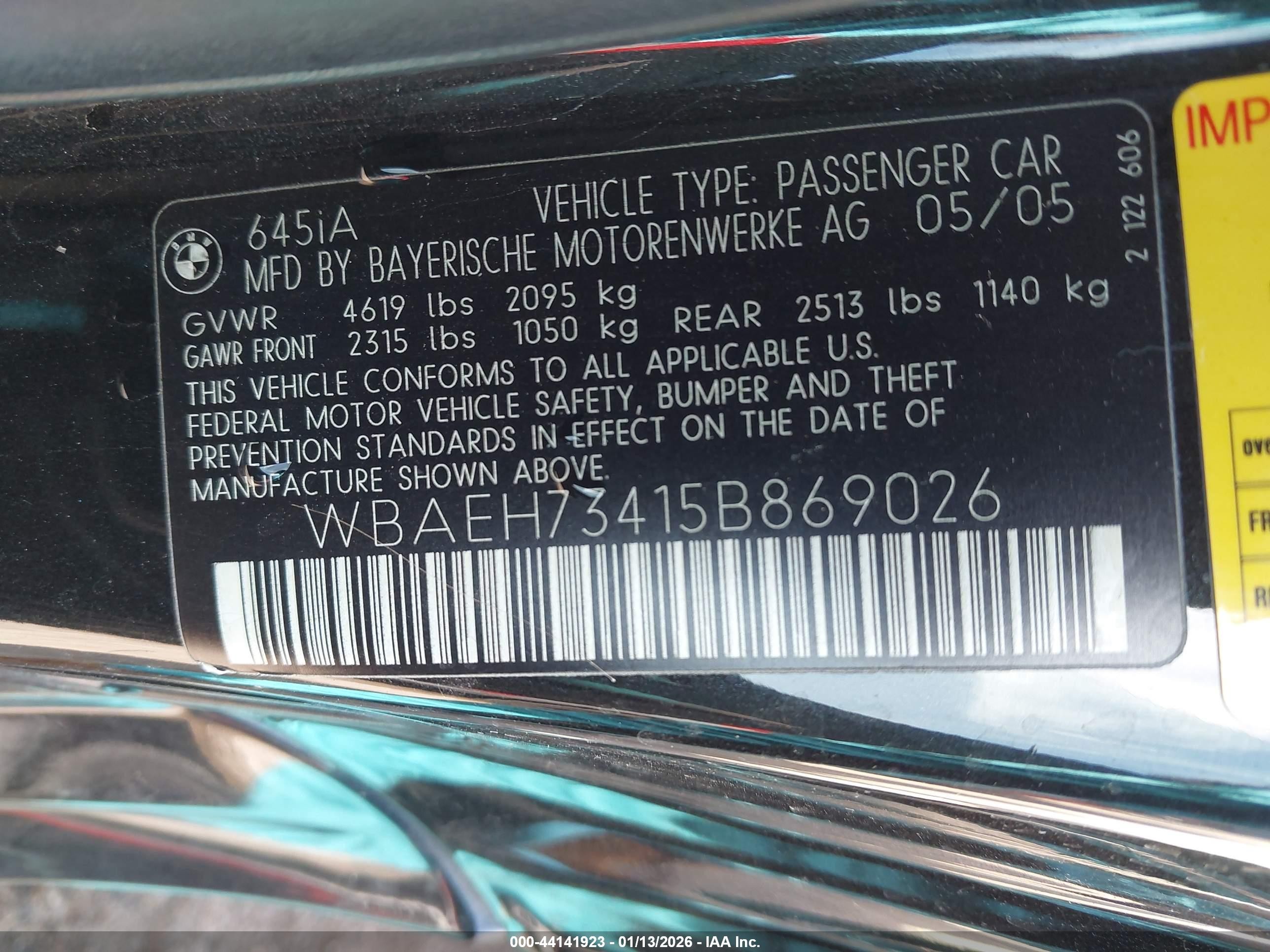 2005 Bmw 645ci   Черный vin: WBAEH73415B869026