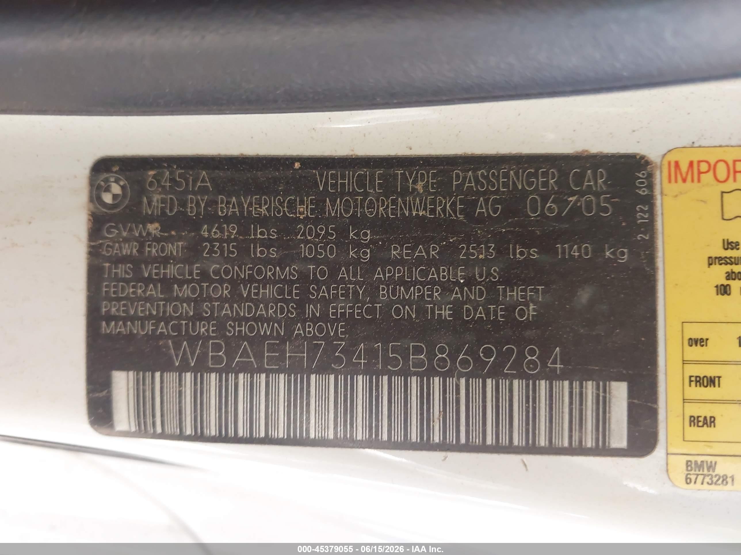2005 Bmw 645ci   White vin: WBAEH73415B869284