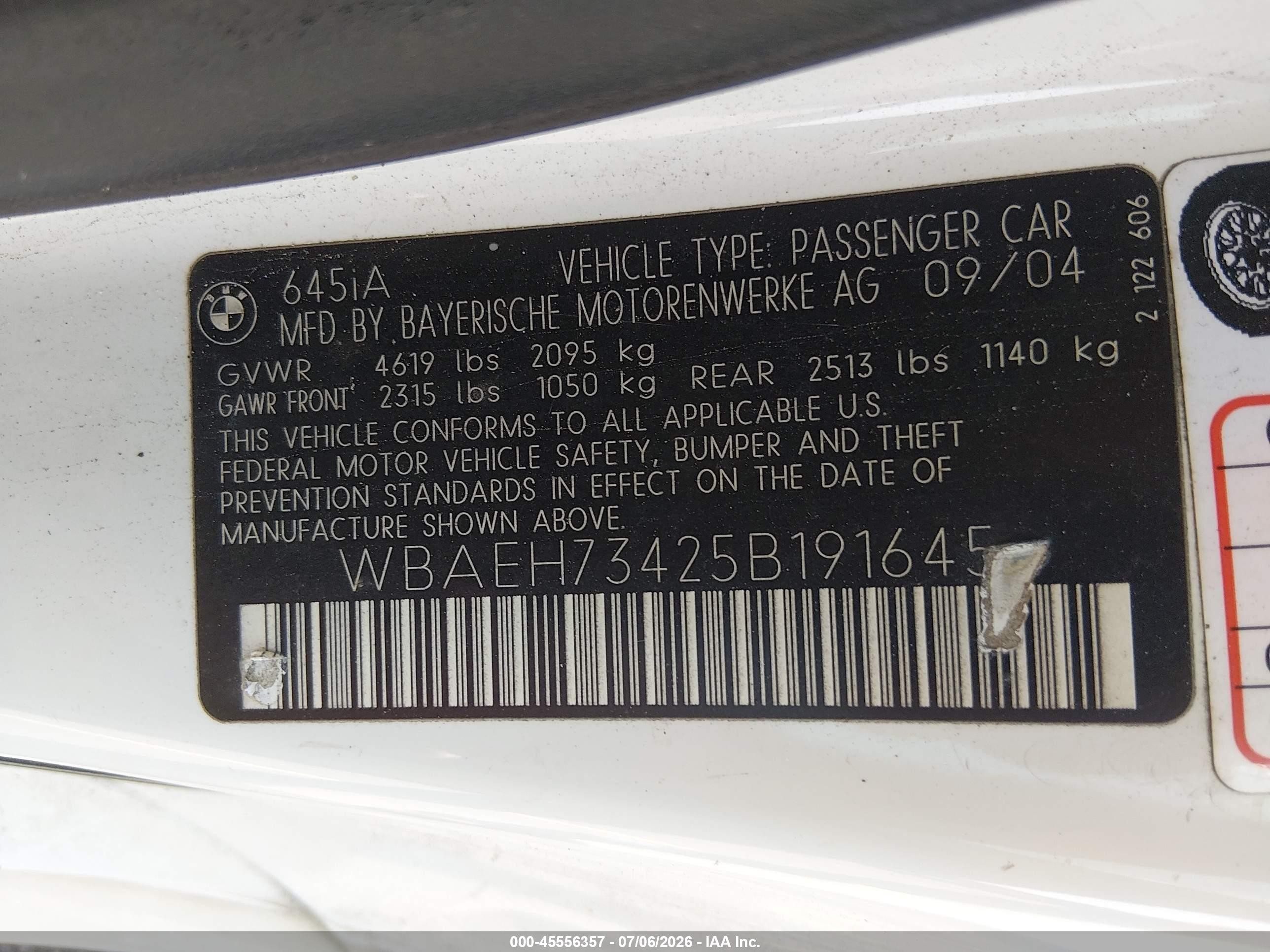 2005 Bmw 645ci   Белый vin: WBAEH73425B191645