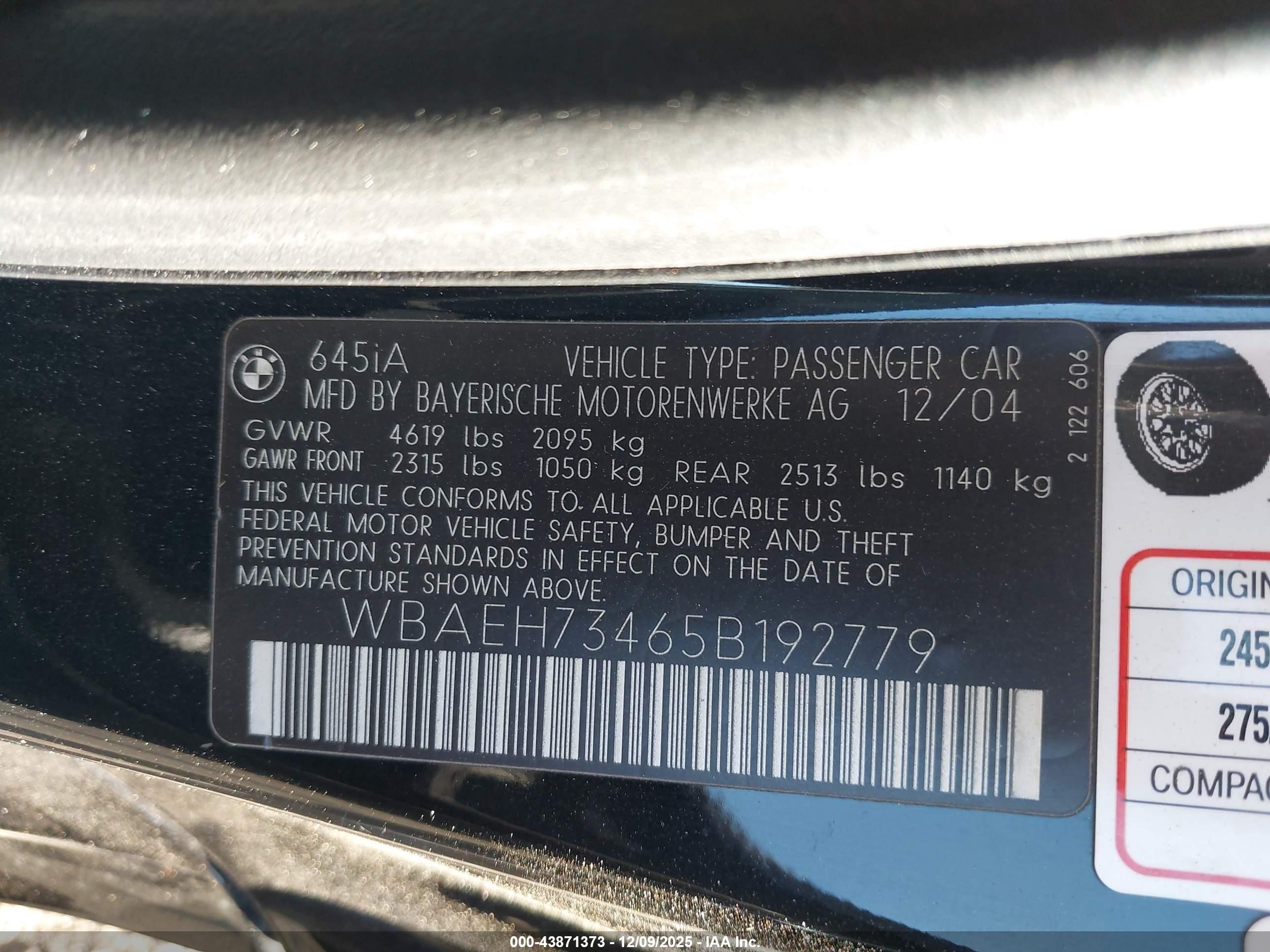 2005 Bmw 645ci   vin: WBAEH73465B192779