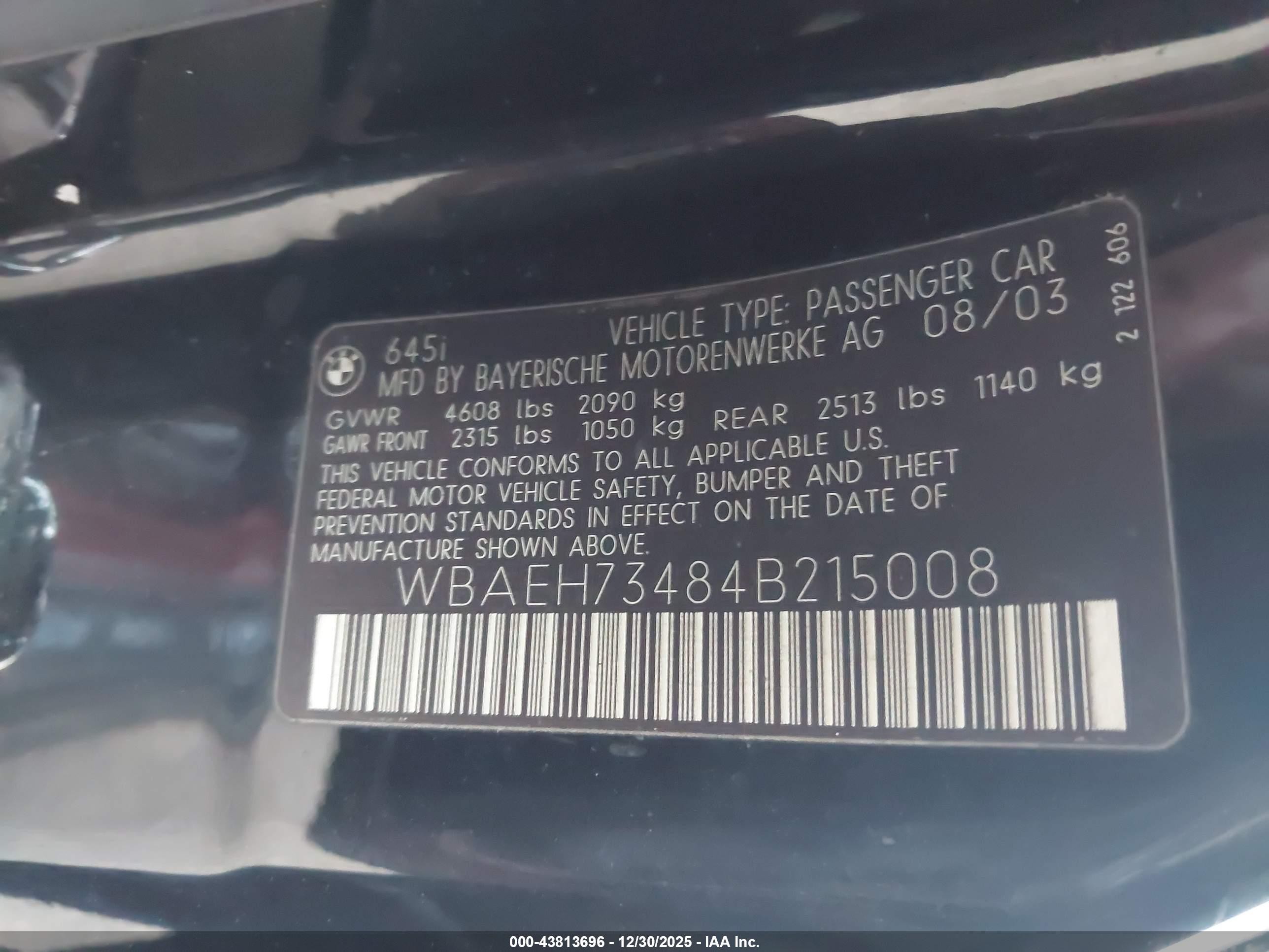 2004 Bmw 645ci   Black vin: WBAEH73484B215008