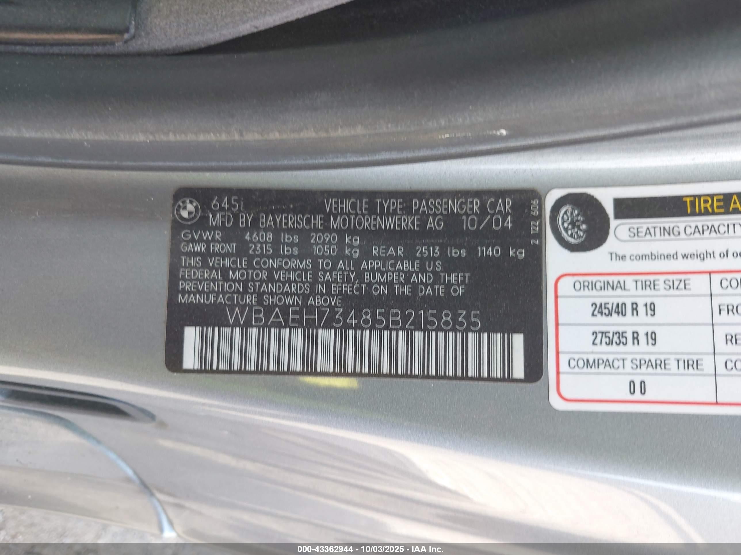 2005 Bmw 645ci   Silver vin: WBAEH73485B215835