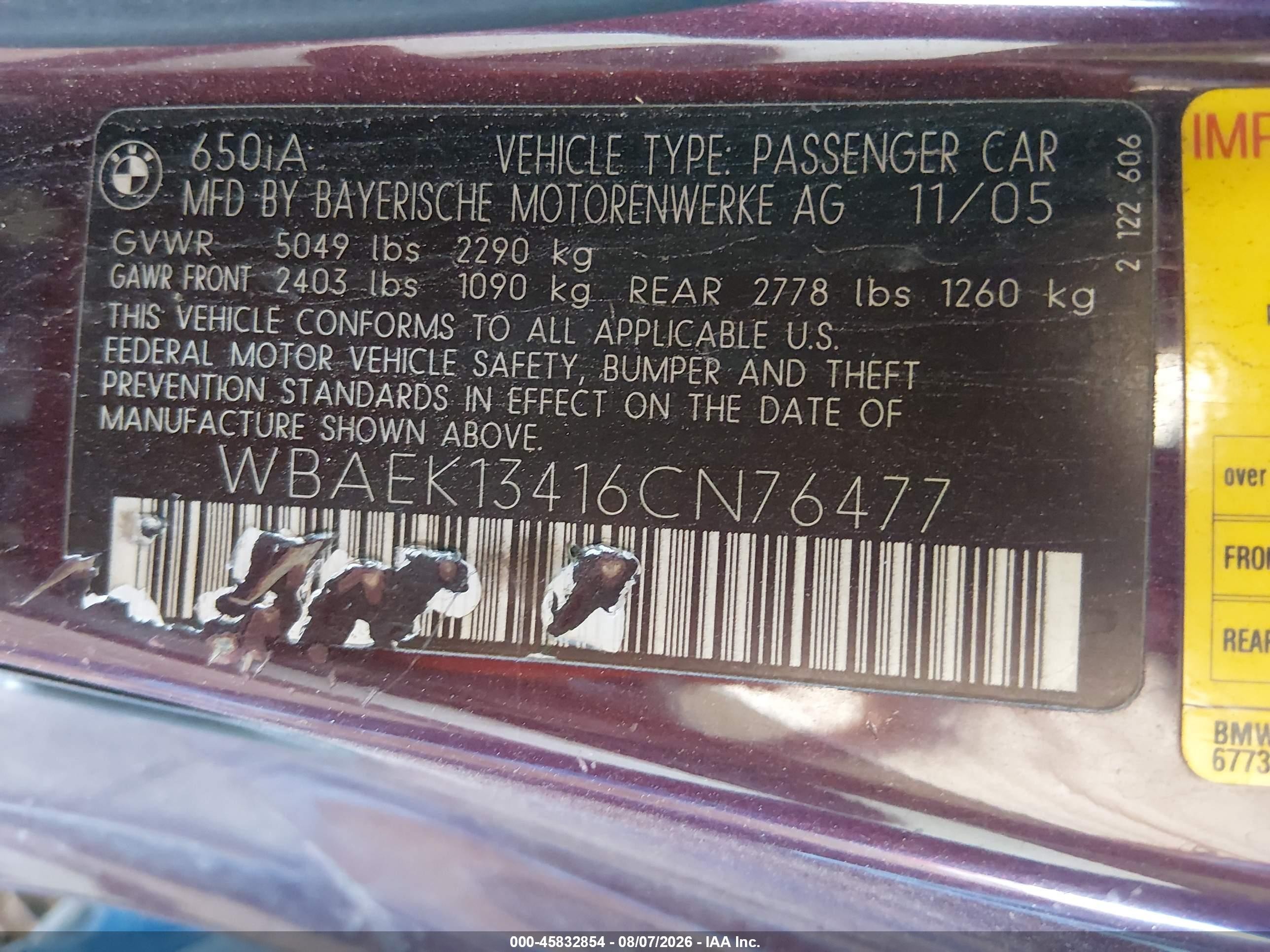 2006 Bmw 650i Темно-бордовый vin: WBAEK13416CN76477