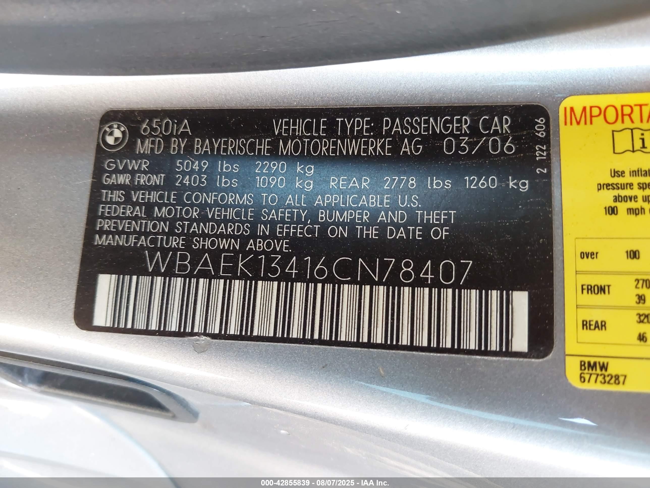 2006 Bmw 650i   Gray vin: WBAEK13416CN78407