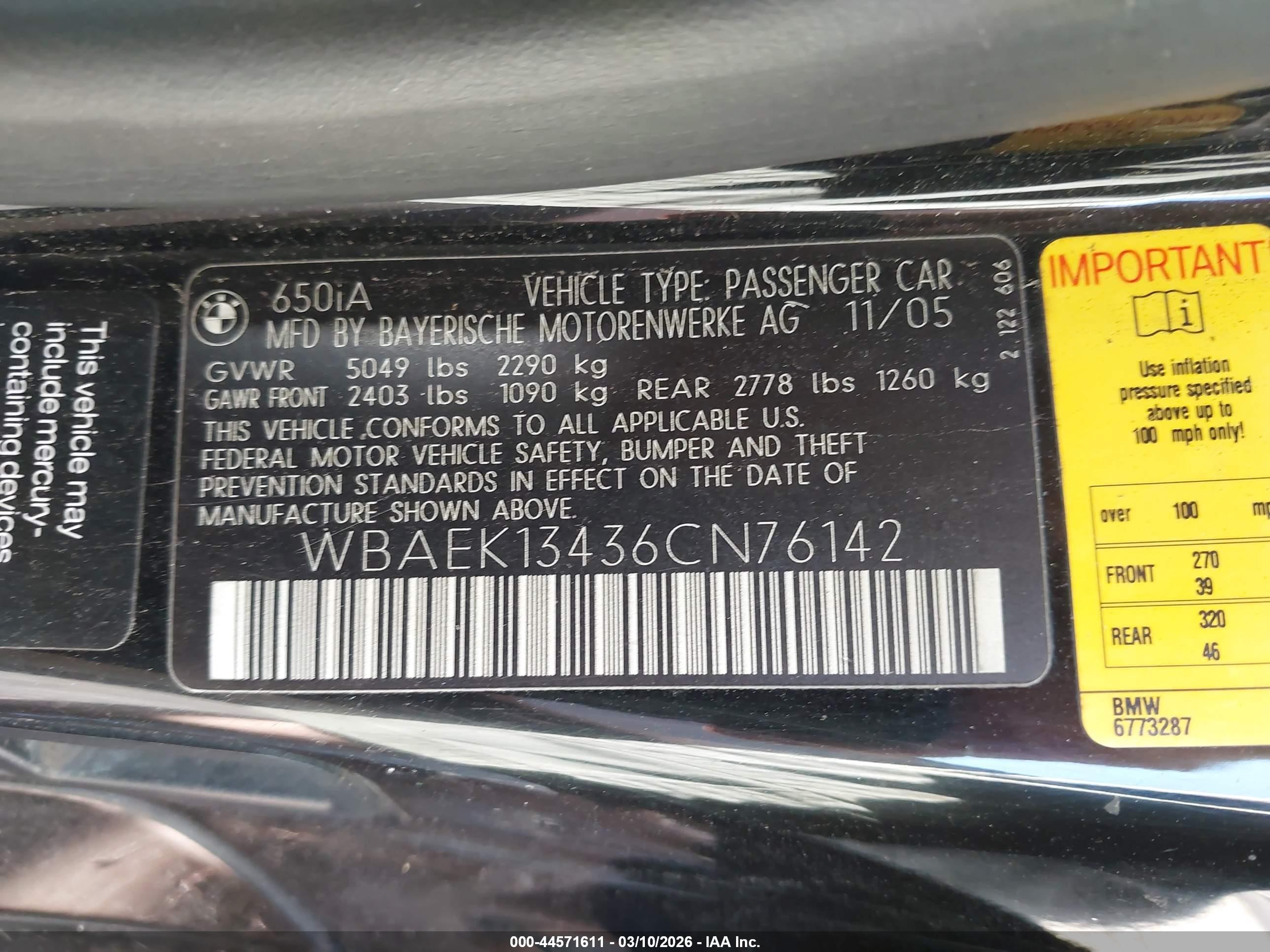 2006 Bmw 650i   Black vin: WBAEK13436CN76142